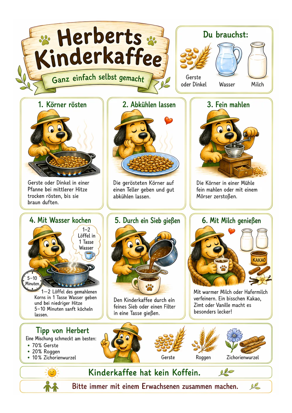 Druckbares Rezept für Herberts Kinderkaffee mit Zutaten und sechs Zubereitungsschritten