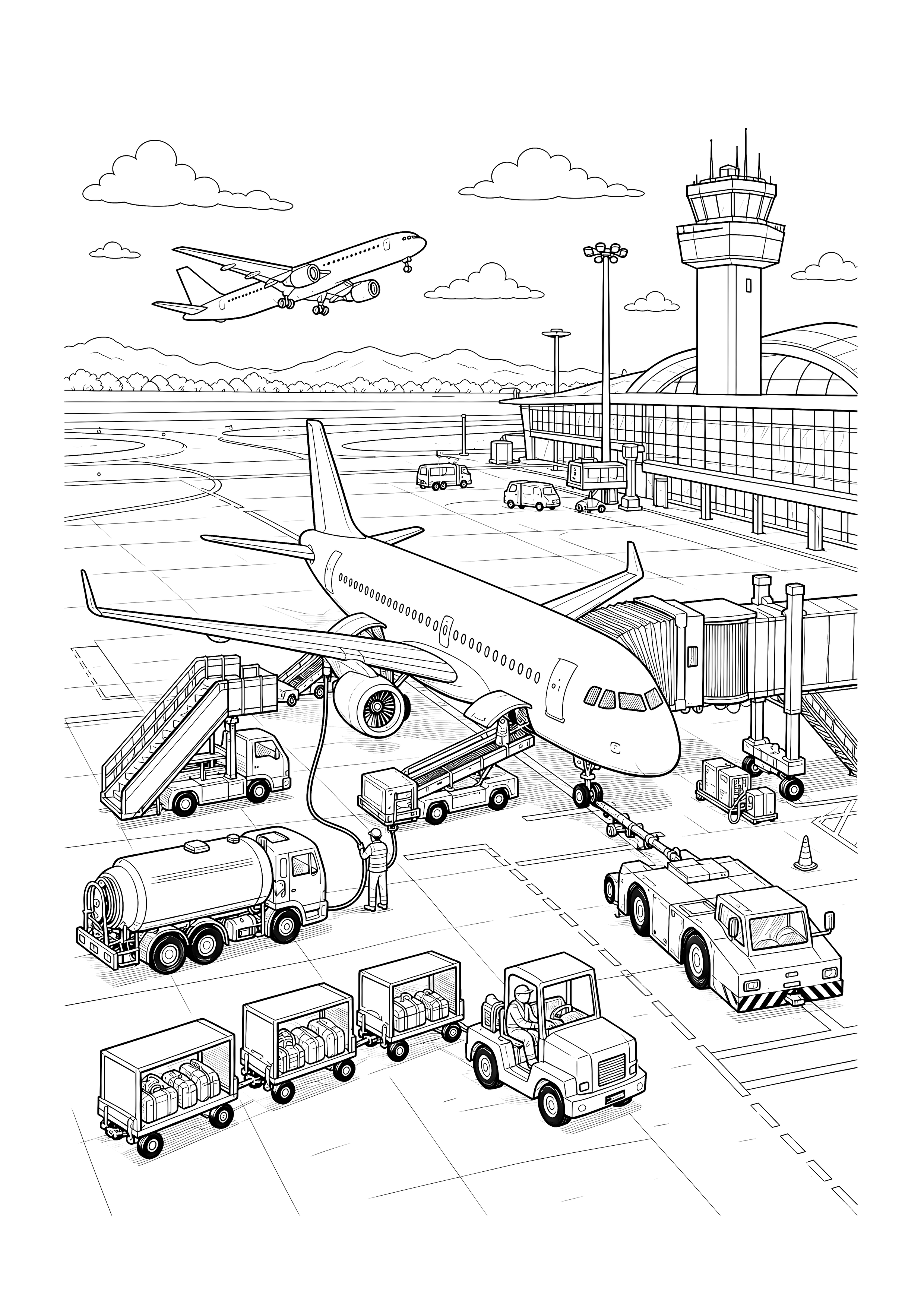 Viel Betrieb am großen Flughafen — Flugzeug, Fluggastbrücke und viele Servicefahrzeuge füllen das Vorfeld.