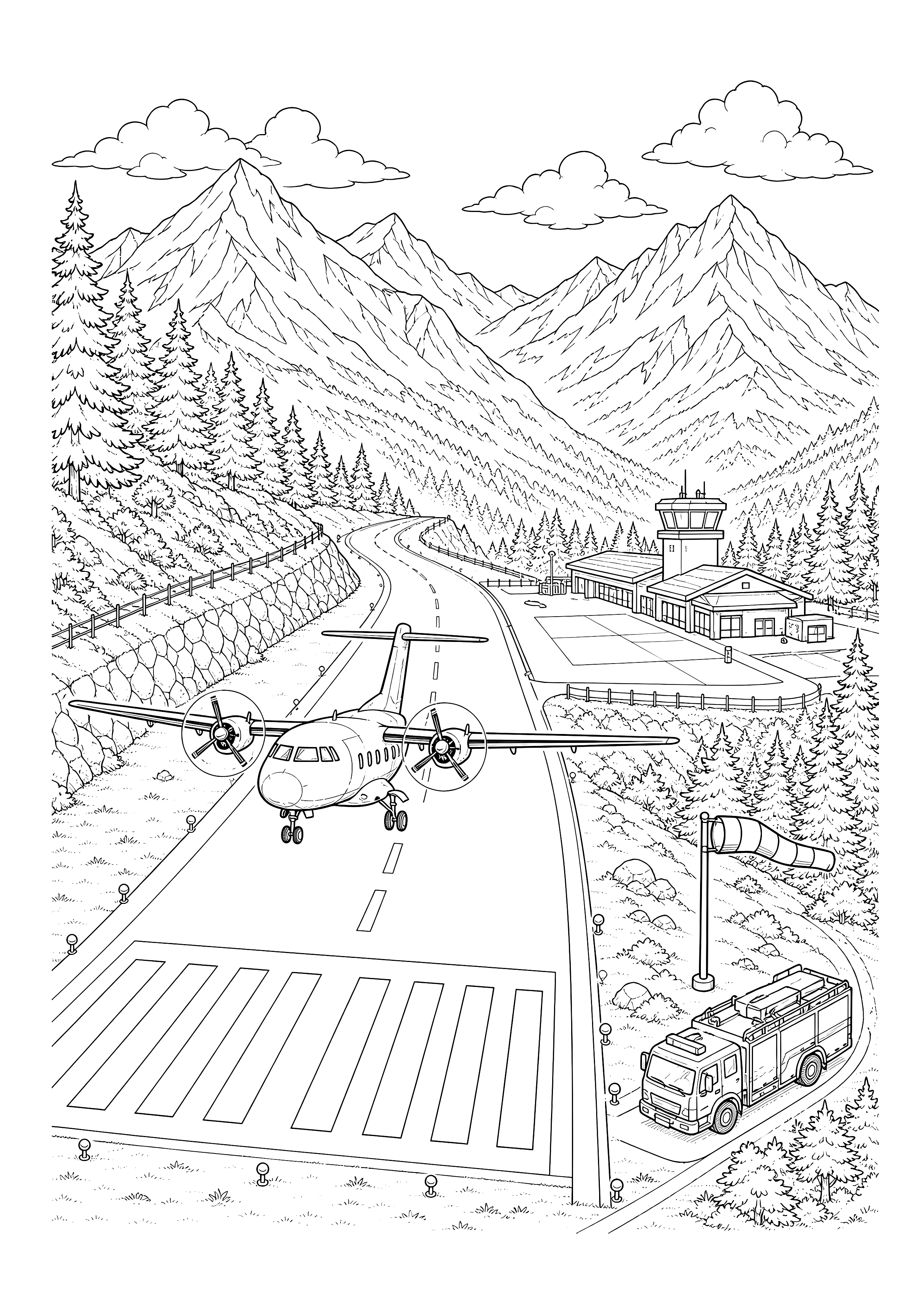 Landung am Bergflughafen — Ein Turbopropflugzeug landet zwischen Gipfeln, Wald und Rettungsfahrzeug.