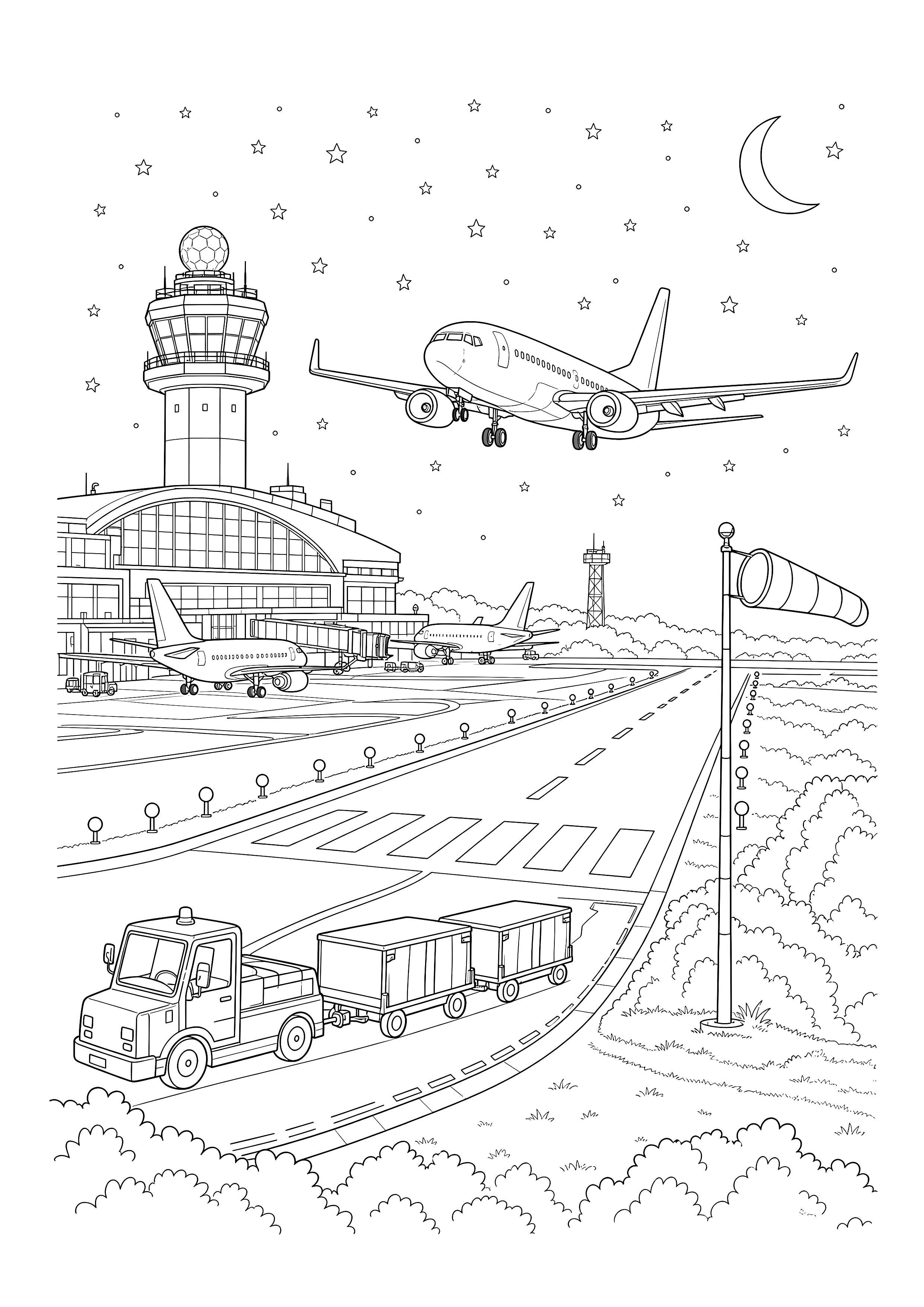 Abendanflug über die Landebahn — Ein Flugzeug nähert sich zwischen Landebahnlichtern, Tower und Sternen.