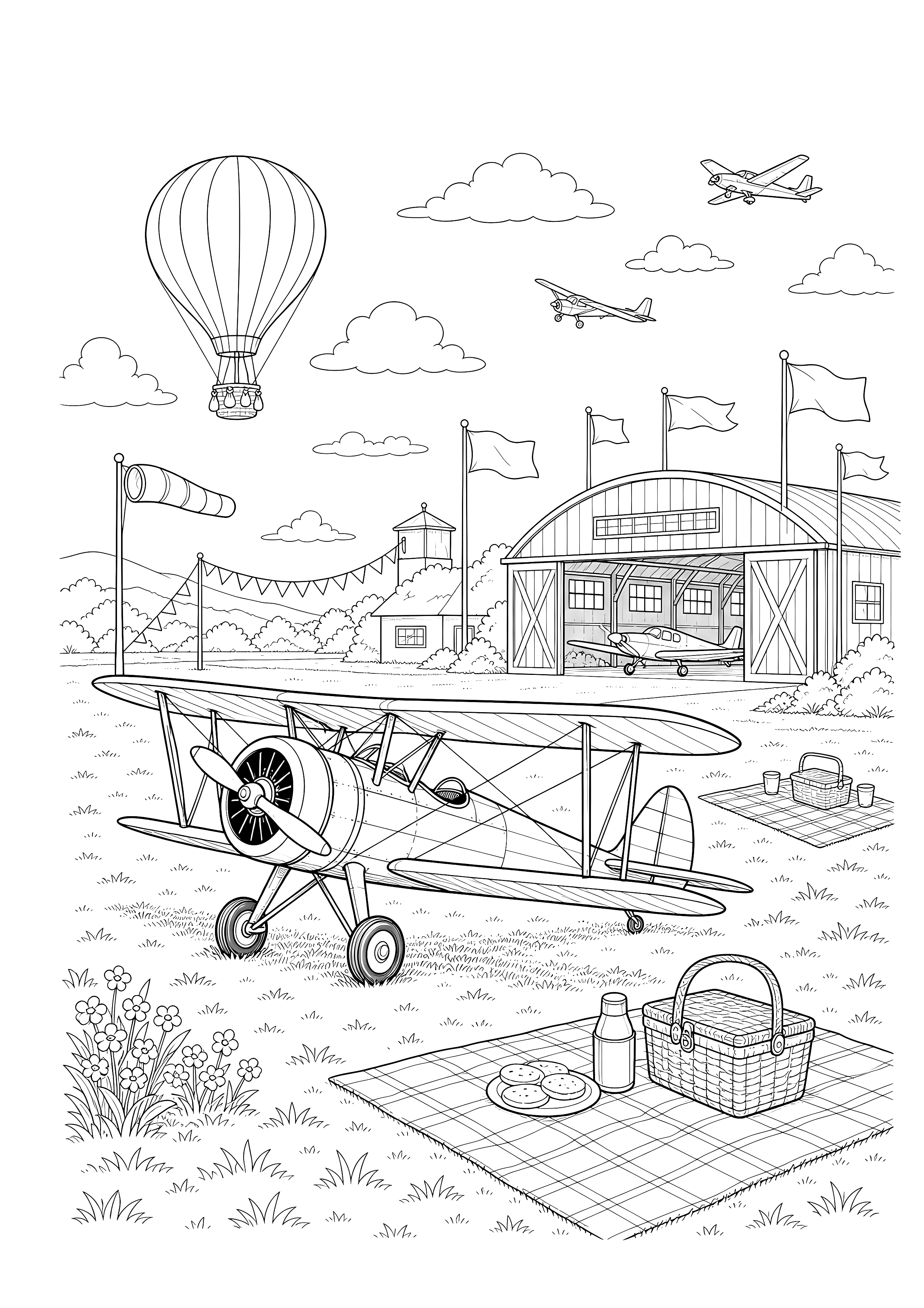 Flugtag mit altem Doppeldecker — Ein Doppeldecker steht zwischen Ballon, Hangar und Picknickwiese.