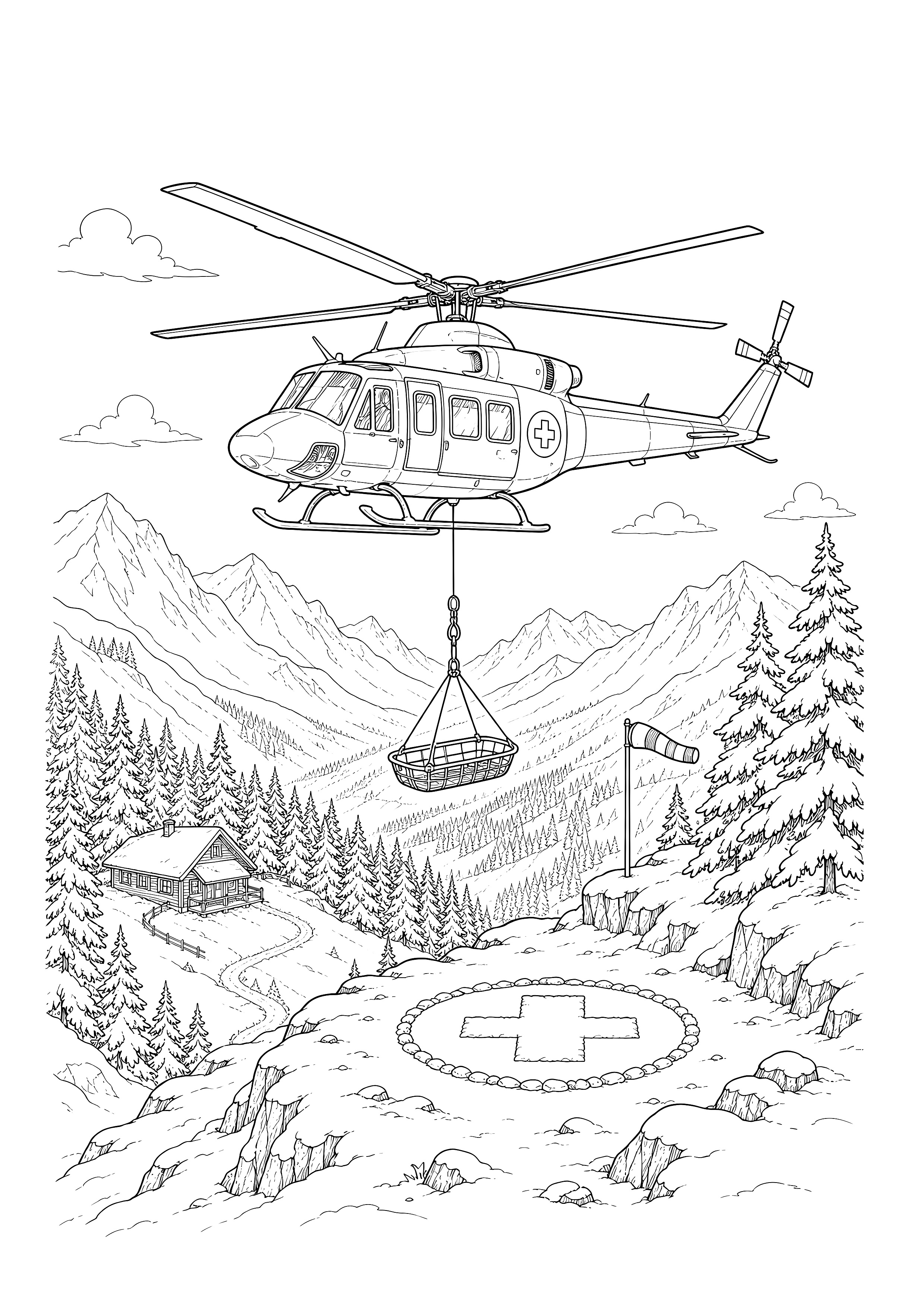 Bergrettung mit dem Hubschrauber — Ein Hubschrauber senkt einen Rettungskorb über einem sicheren Landeplatz ab.