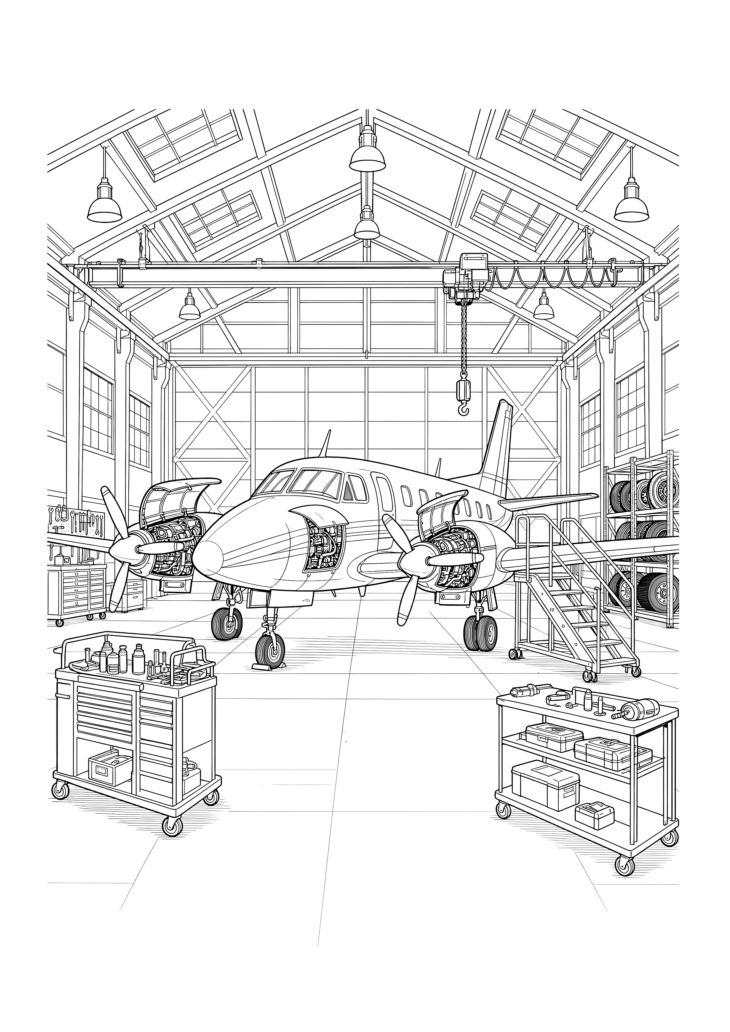 Wartung im großen Hangar — Ein Flugzeug steht zwischen Rolltreppen, Werkzeugwagen und Ersatzteilen.