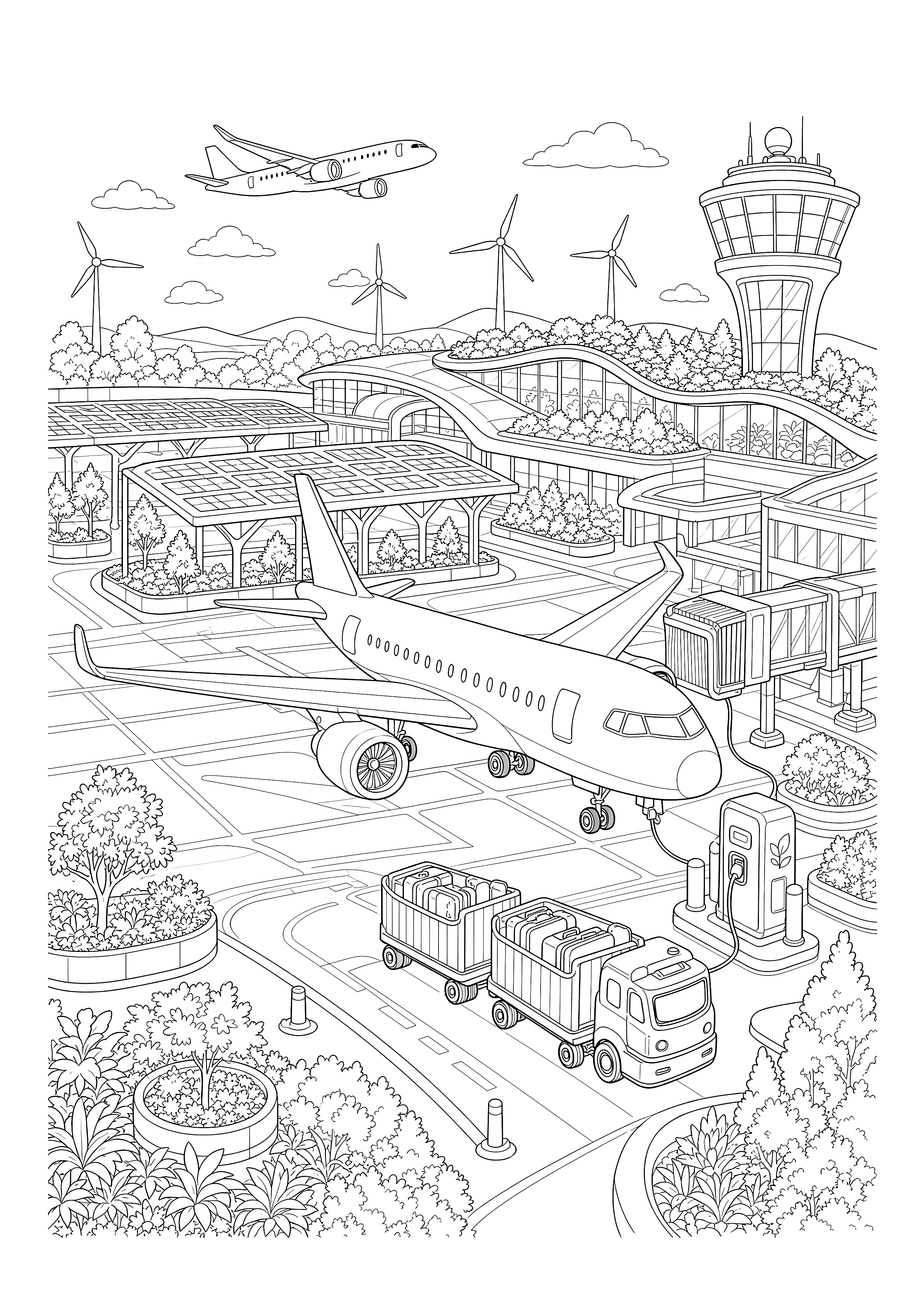 Der grüne Flughafen der Zukunft — Ein Elektroflugzeug lädt zwischen Solardächern, Windrädern und Pflanzen.