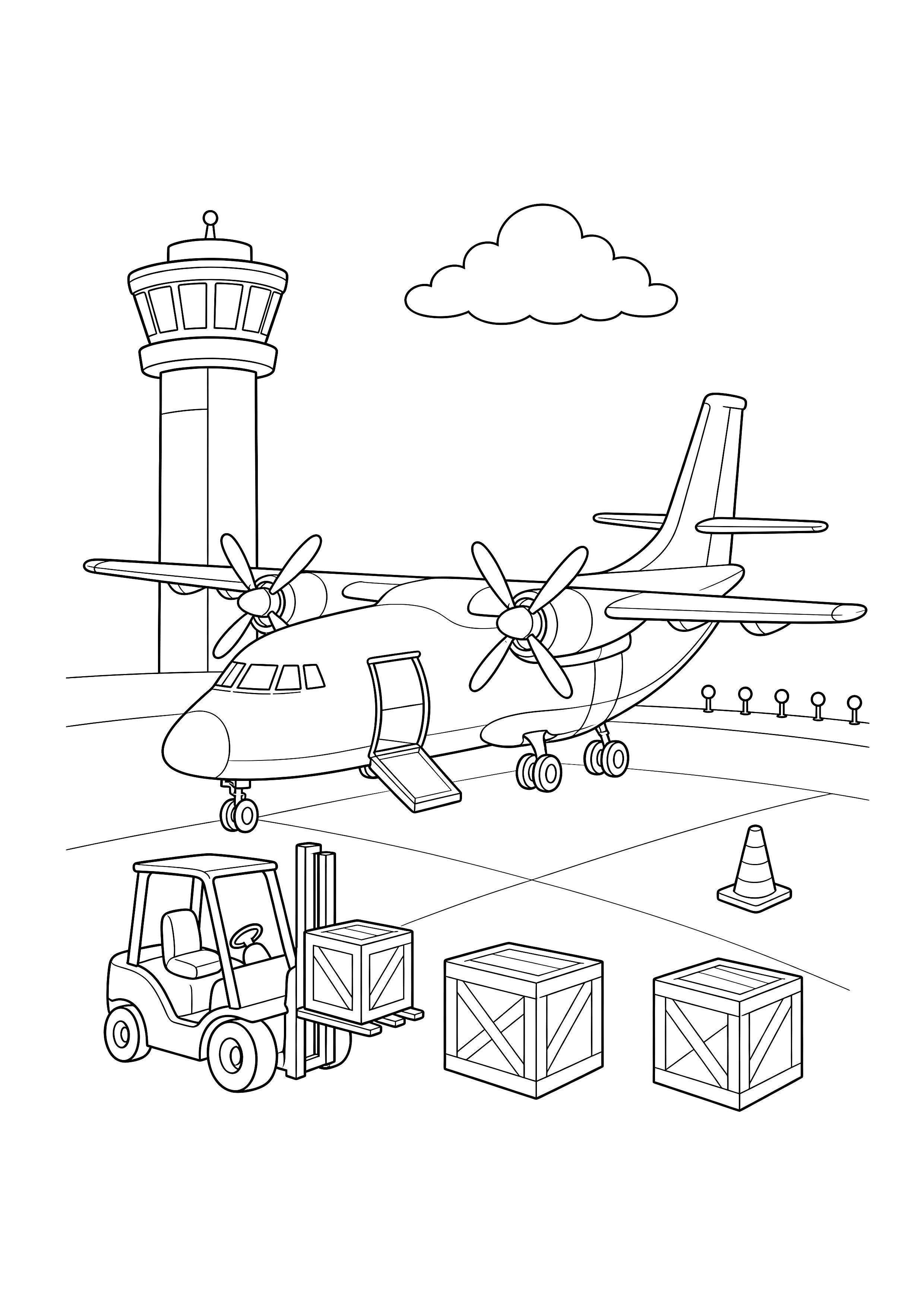Frachtflugzeug beim Beladen — Ein zweimotoriges Frachtflugzeug wird neben Kontrollturm, Gabelstapler, Kisten und Pylon beladen.