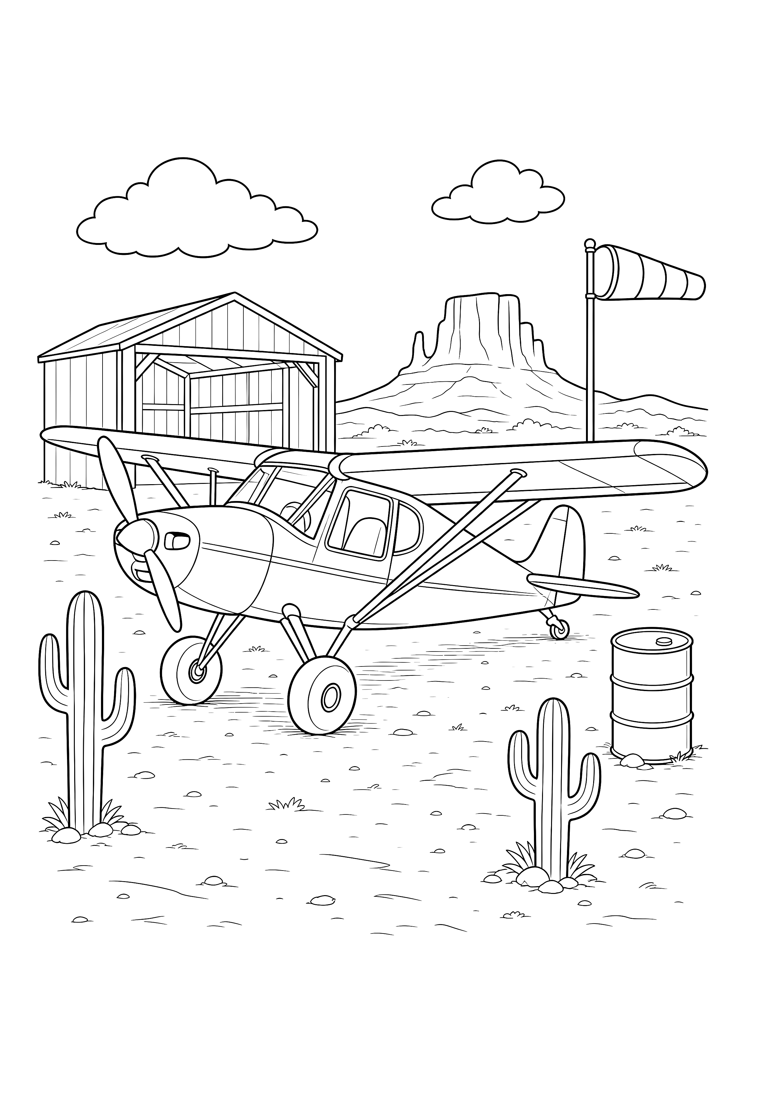 Buschflugzeug in der Wüste — Ein robustes Propellerflugzeug steht zwischen Hangar, Windsack, Kakteen, Fass und Tafelberg.