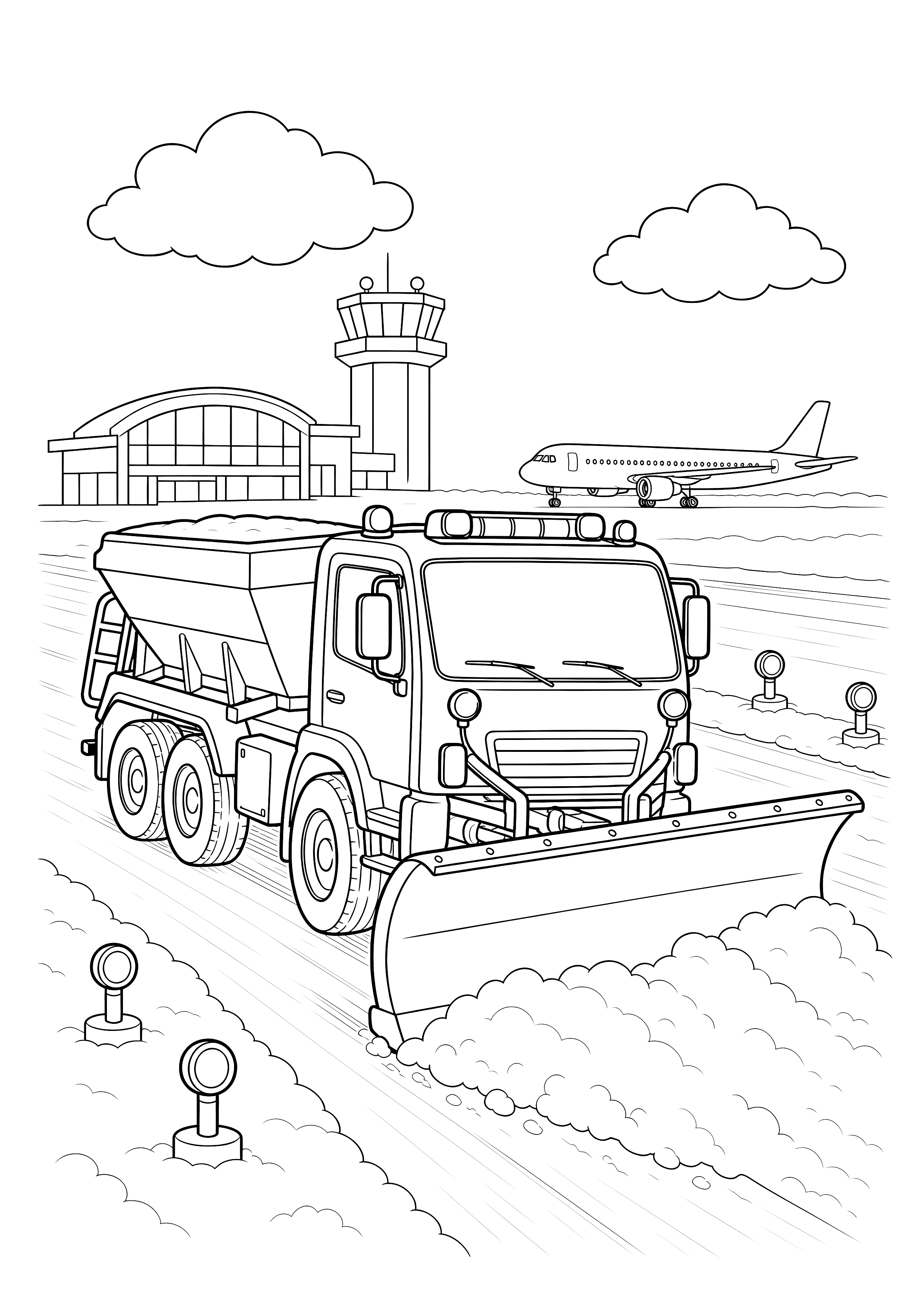 Schneepflug auf der Startbahn — Ein großer Flughafen-Schneepflug räumt die Bahn vor Terminal, Kontrollturm und wartendem Passagierjet.