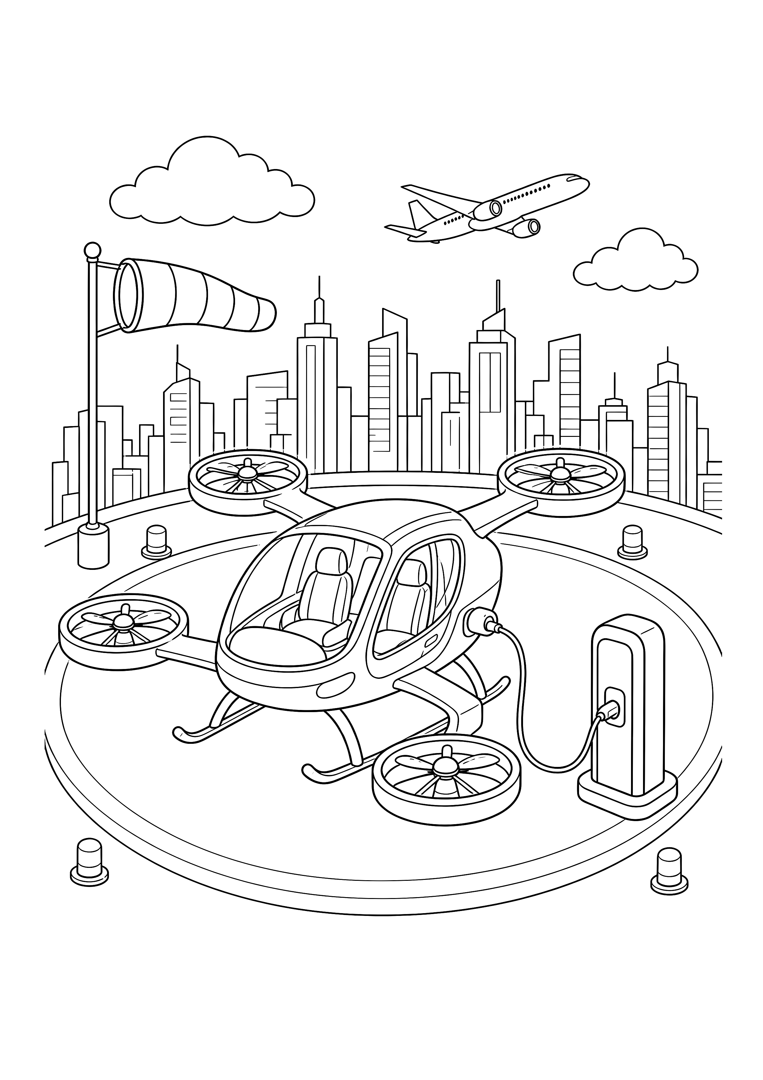 Flugtaxi auf dem Dachlandeplatz — Ein elektrisches Flugtaxi mit vier Rotoren lädt auf einem Dach über der Stadt.