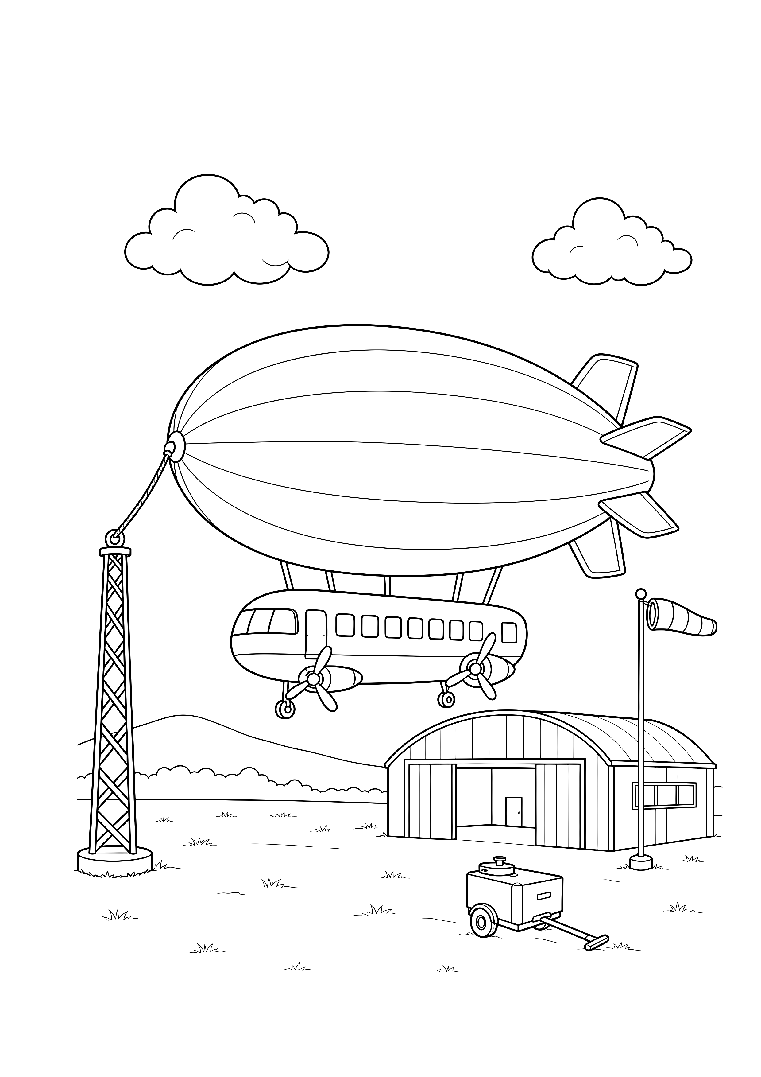 Luftschiff am Ankermast — Ein großes Luftschiff liegt mit Gondel und zwei Propellern neben Mast, Hangar, Servicewagen und Windsack.