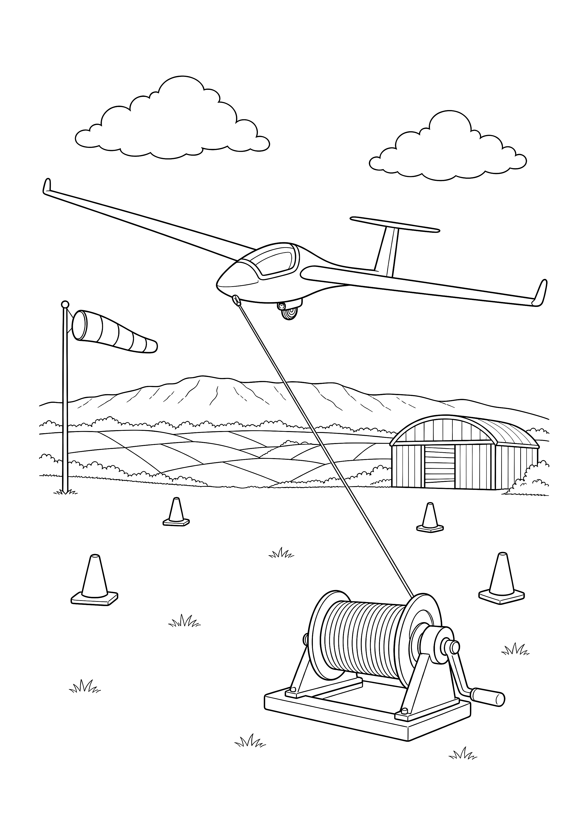 Segelflugzeug am Startseil — Ein Segelflugzeug steigt am langen Seil über Winde, Windsack, Markierungskegeln und Hangar auf.