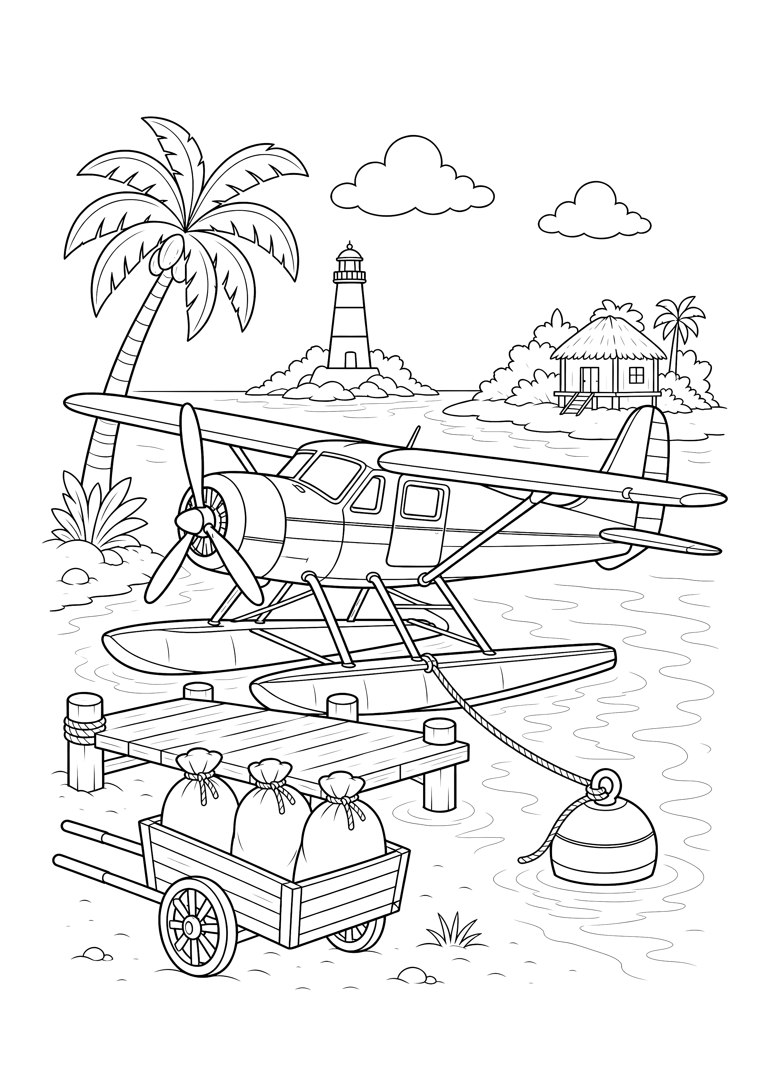 Postflugzeug an der Insel — Ein Wasserflugzeug liegt mit Postkarren, drei Säcken, Steg, Boje, Palme und Leuchtturm in einer Lagune.