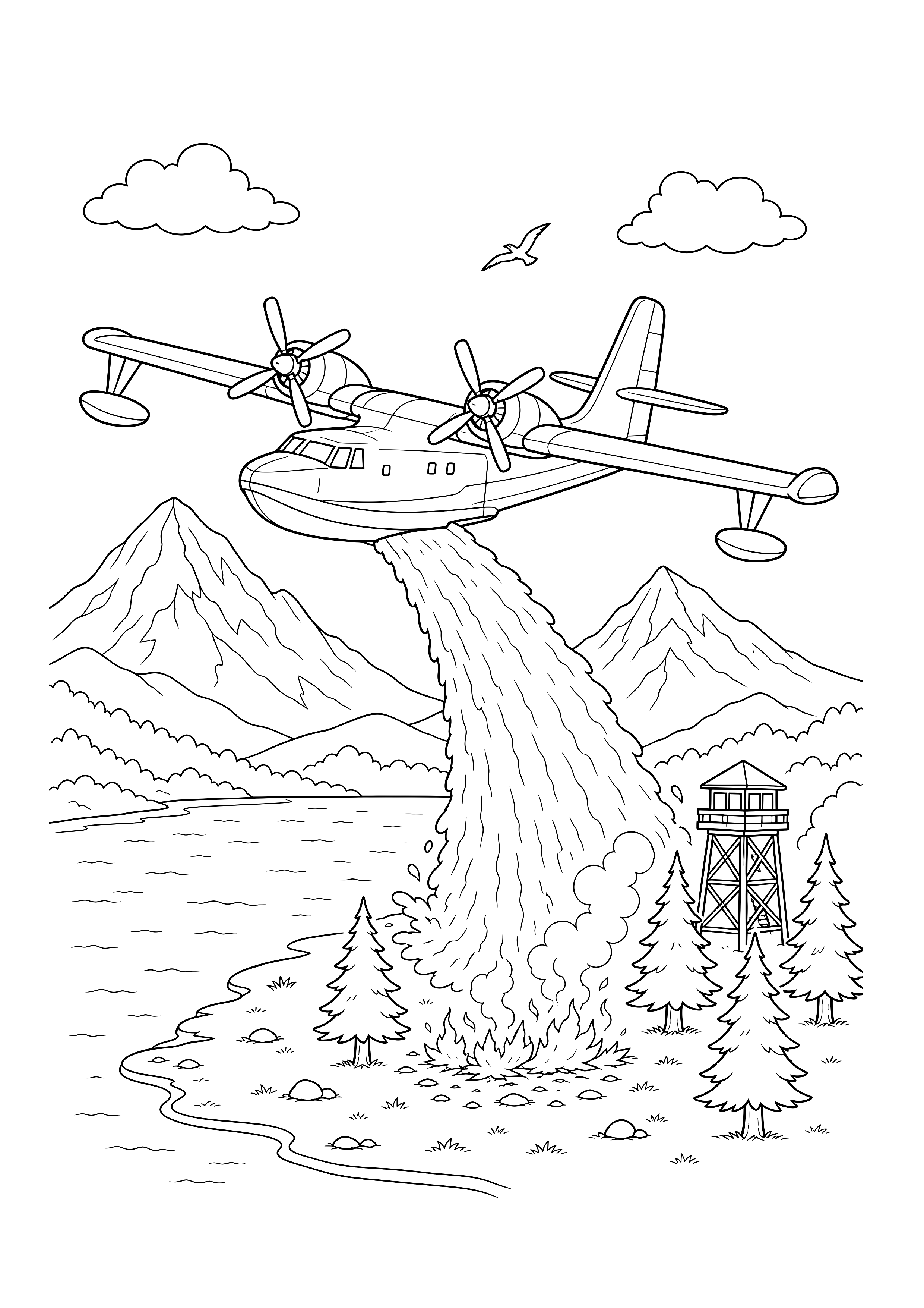 Löschflugzeug über dem Bergsee — Ein zweimotoriges Löschflugzeug wirft Wasser über einer kleinen Waldbrandstelle am Bergsee ab.
