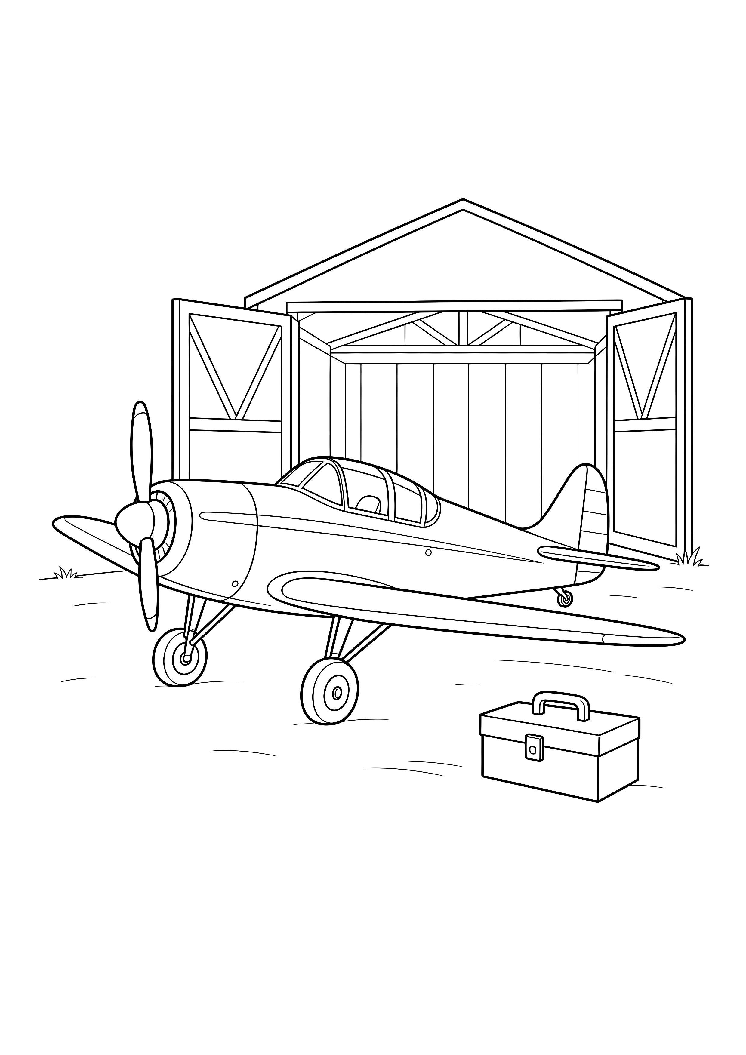 Propellerflugzeug am Hangar — Ein kleines Propellerflugzeug wartet vor dem offenen Hangar.