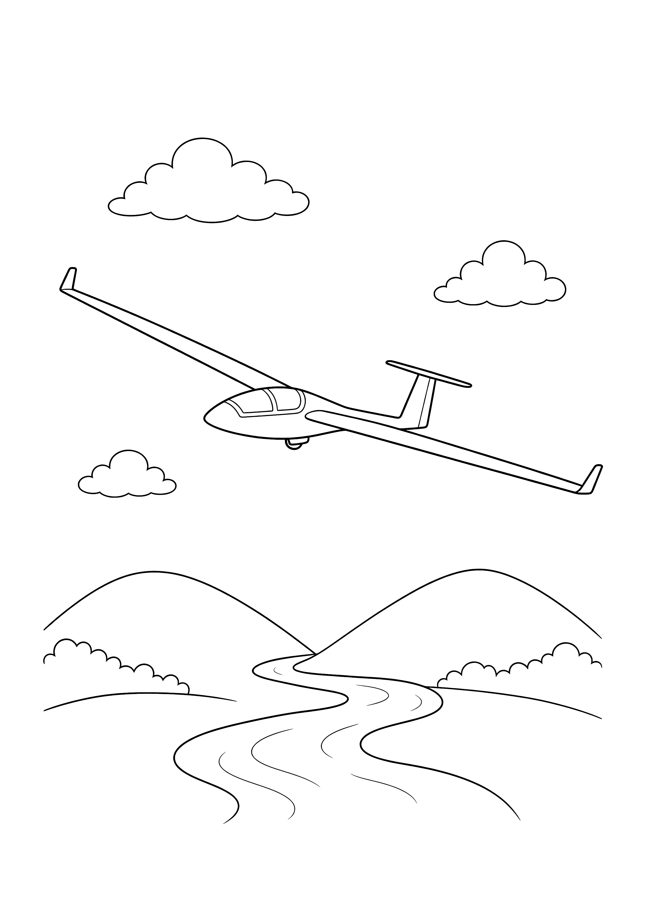 Segelflieger über den Hügeln — Ein schlanker Segelflieger gleitet über Hügel und Fluss.