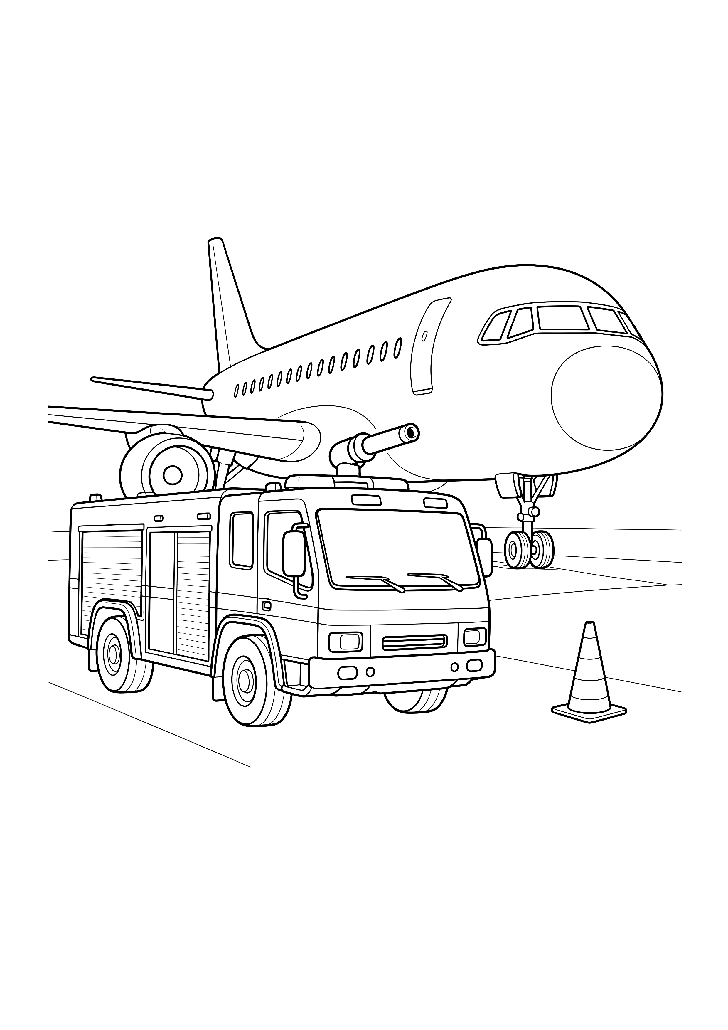 Flughafenfeuerwehr am Flugzeug — Ein Flughafenlöschfahrzeug steht neben einem geparkten Flugzeug.