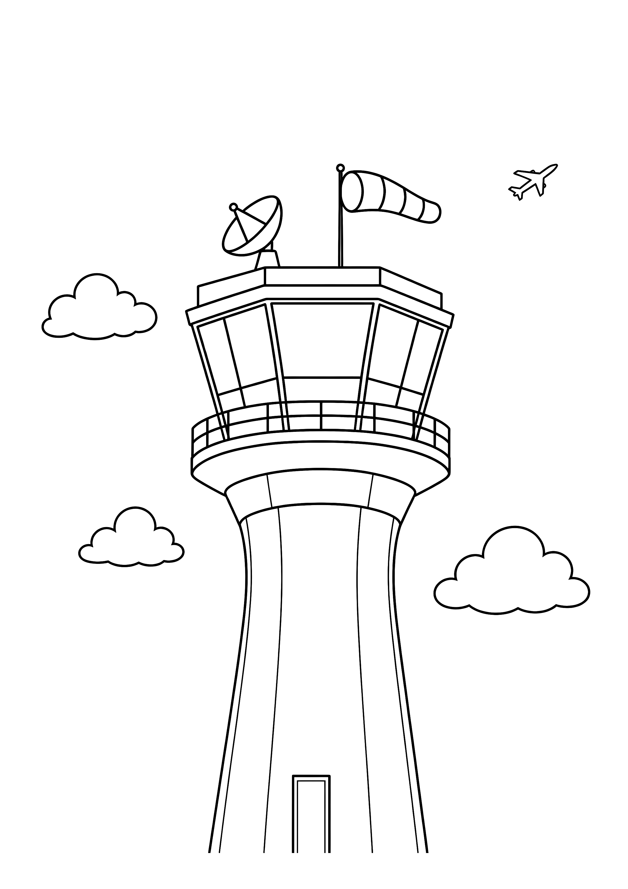 Der hohe Kontrollturm — Ein Kontrollturm blickt über Wolken, Radar und Windsack.
