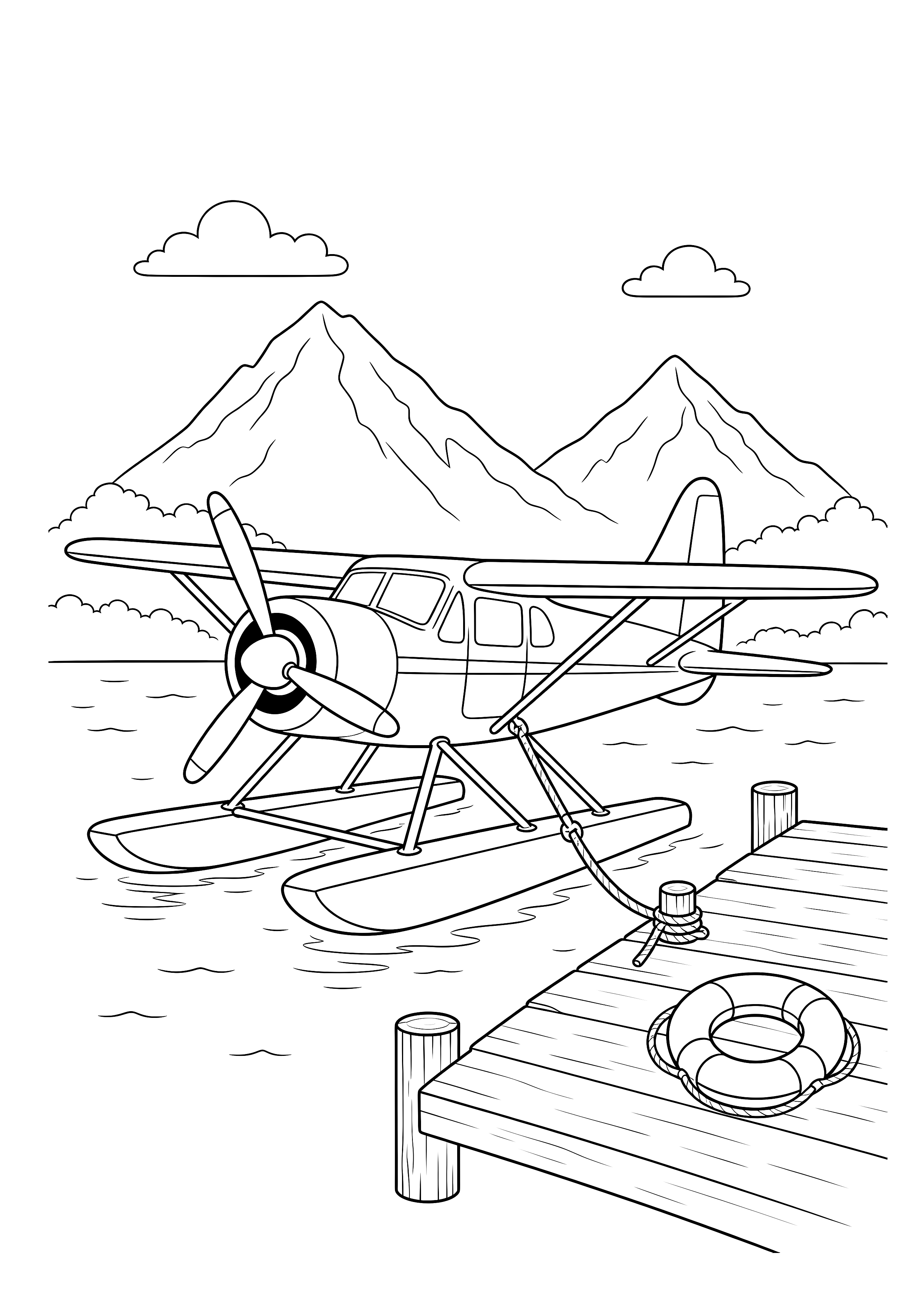 Wasserflugzeug am Bergsee — Ein Wasserflugzeug liegt am Holzsteg vor hohen Bergen.