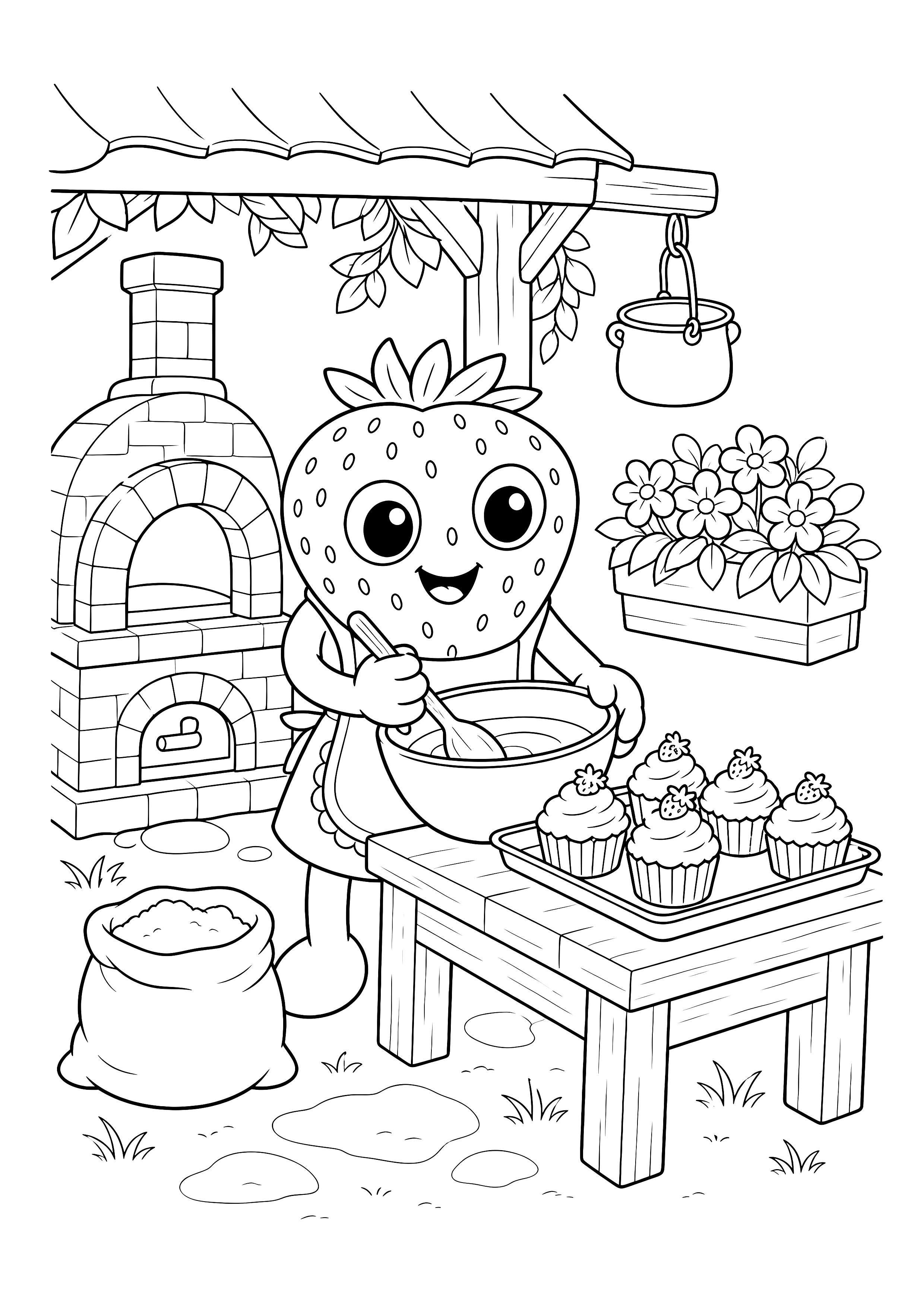 Bibi backt Erdbeer-Cupcakes — Bibi dekoriert Cupcakes in einer offenen Gartenkueche zwischen Erdbeeren und Backzutaten.