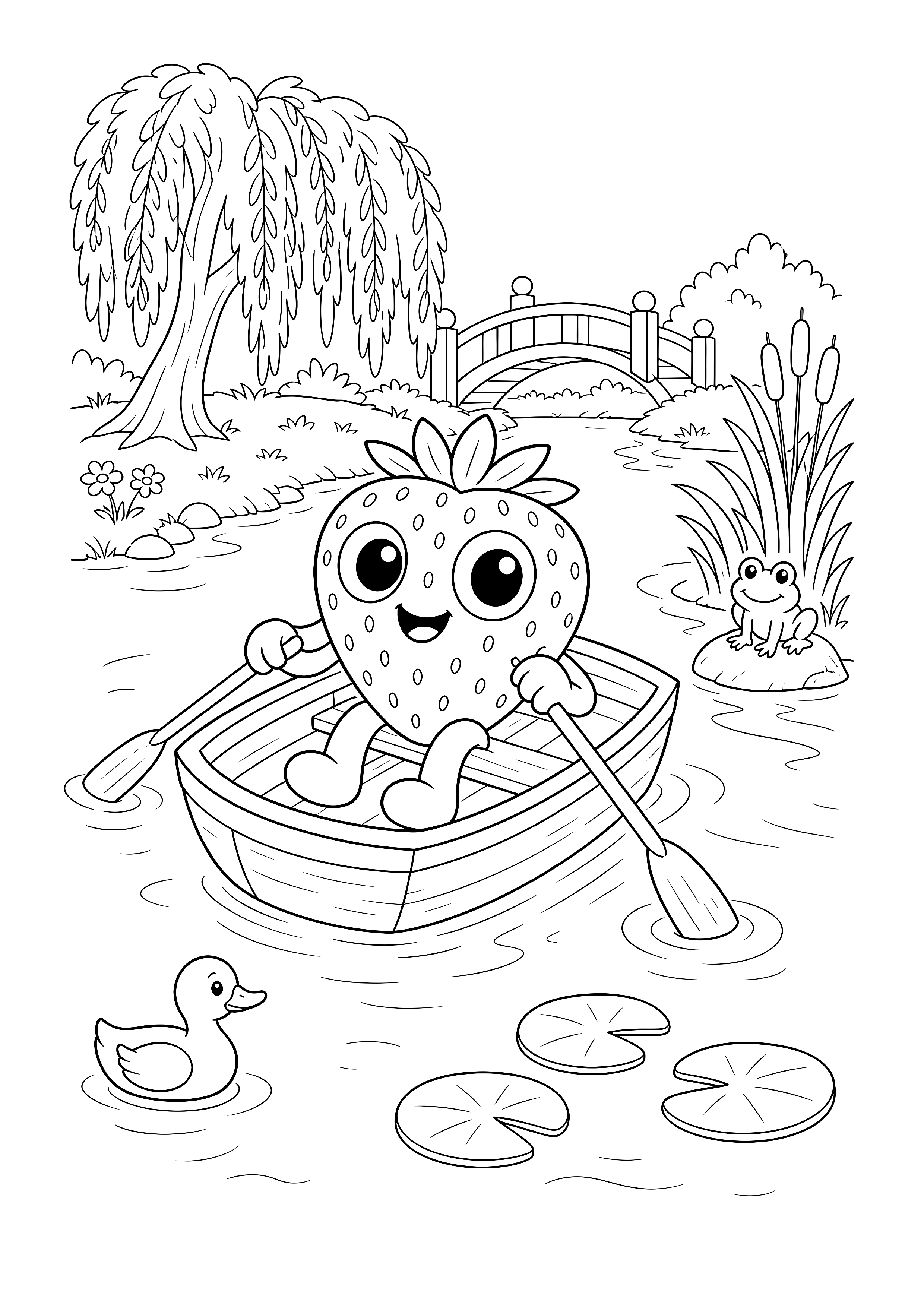 Bibi rudert ueber den Gartenteich — Bibi rudert in einem kleinen Boot zwischen Seerosen, Schilf und einer Gartenbruecke.