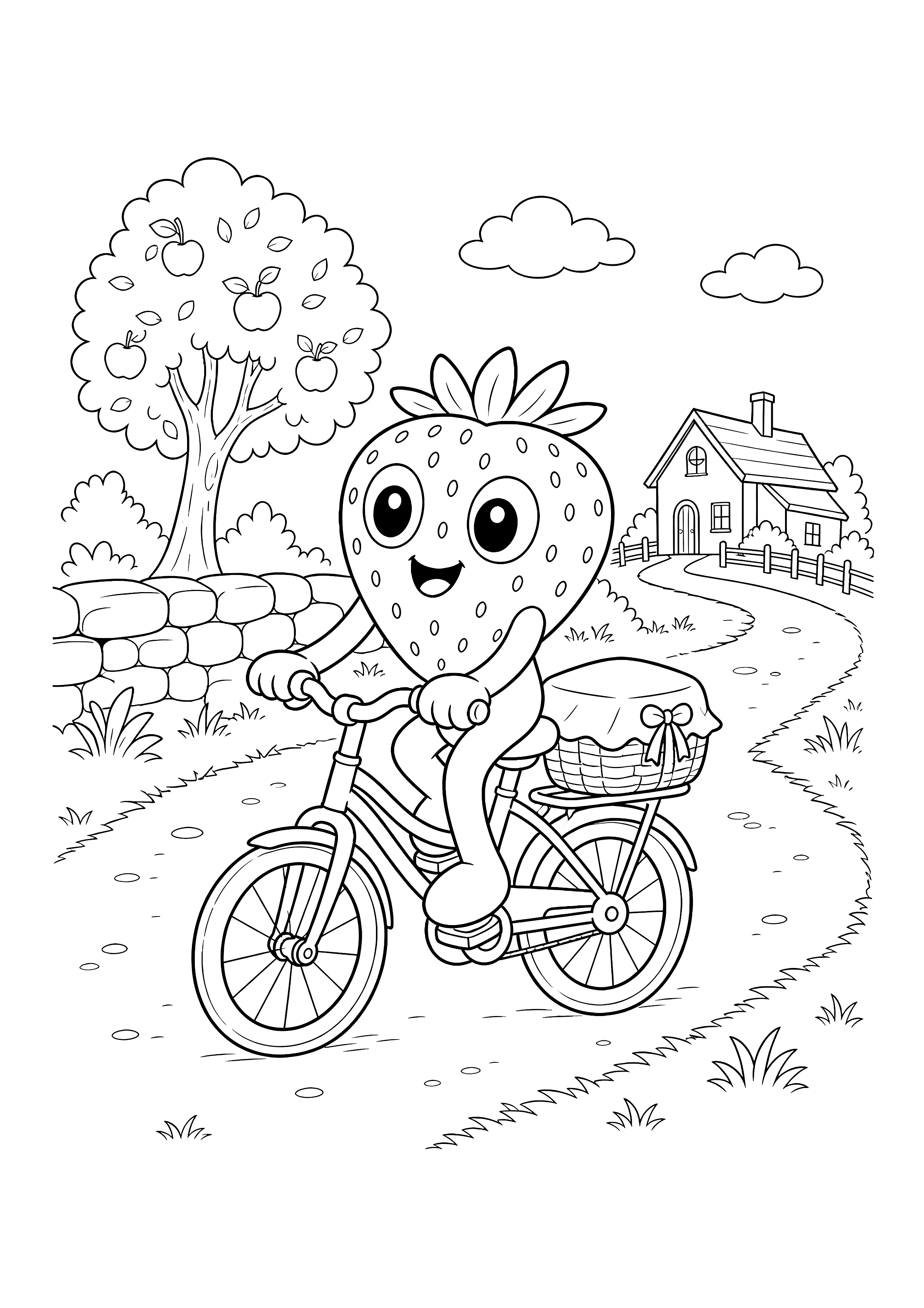 Bibi liefert Erdbeeren mit dem Fahrrad — Bibi bringt volle Erdbeerkoerbe mit einem Lieferfahrrad ueber einen ruhigen Dorfweg.