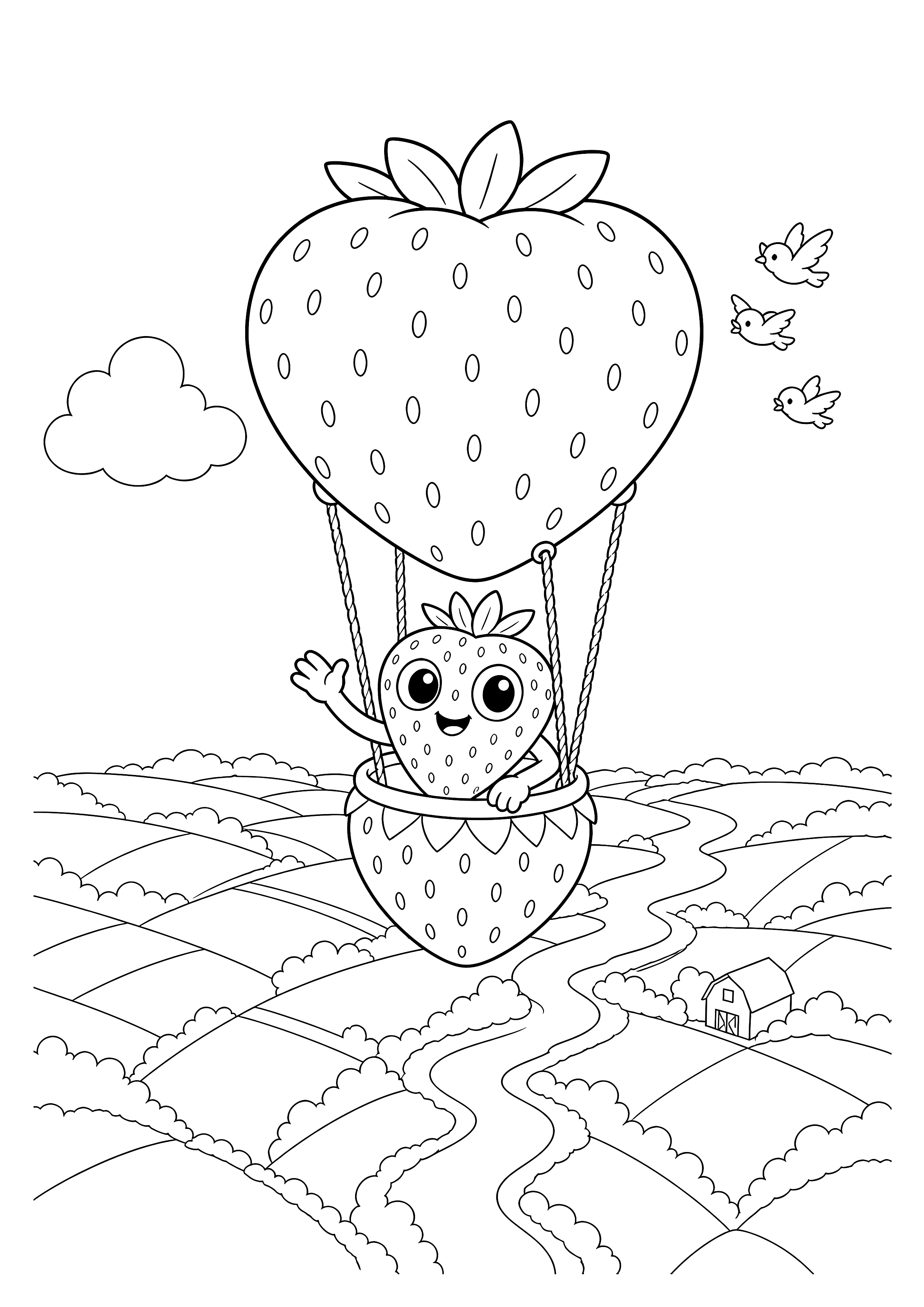 Bibi im Erdbeer-Heissluftballon — Bibi schwebt in einem erdbeerfoermigen Heissluftballon ueber Gaerten und kleinen Haeusern.