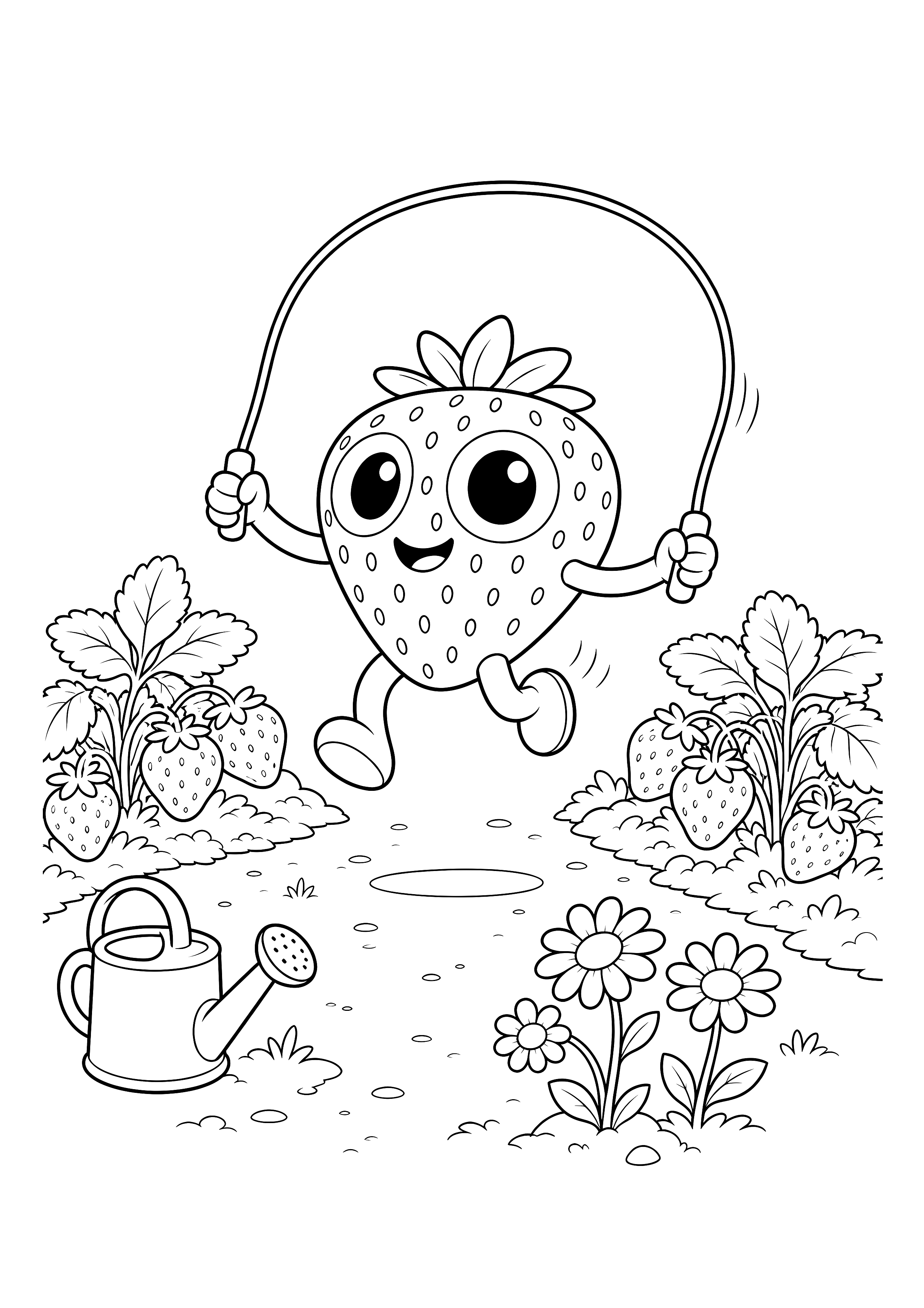 Bibi springt Seil — Bibi springt auf einem Gartenweg zwischen Blumen Seil.