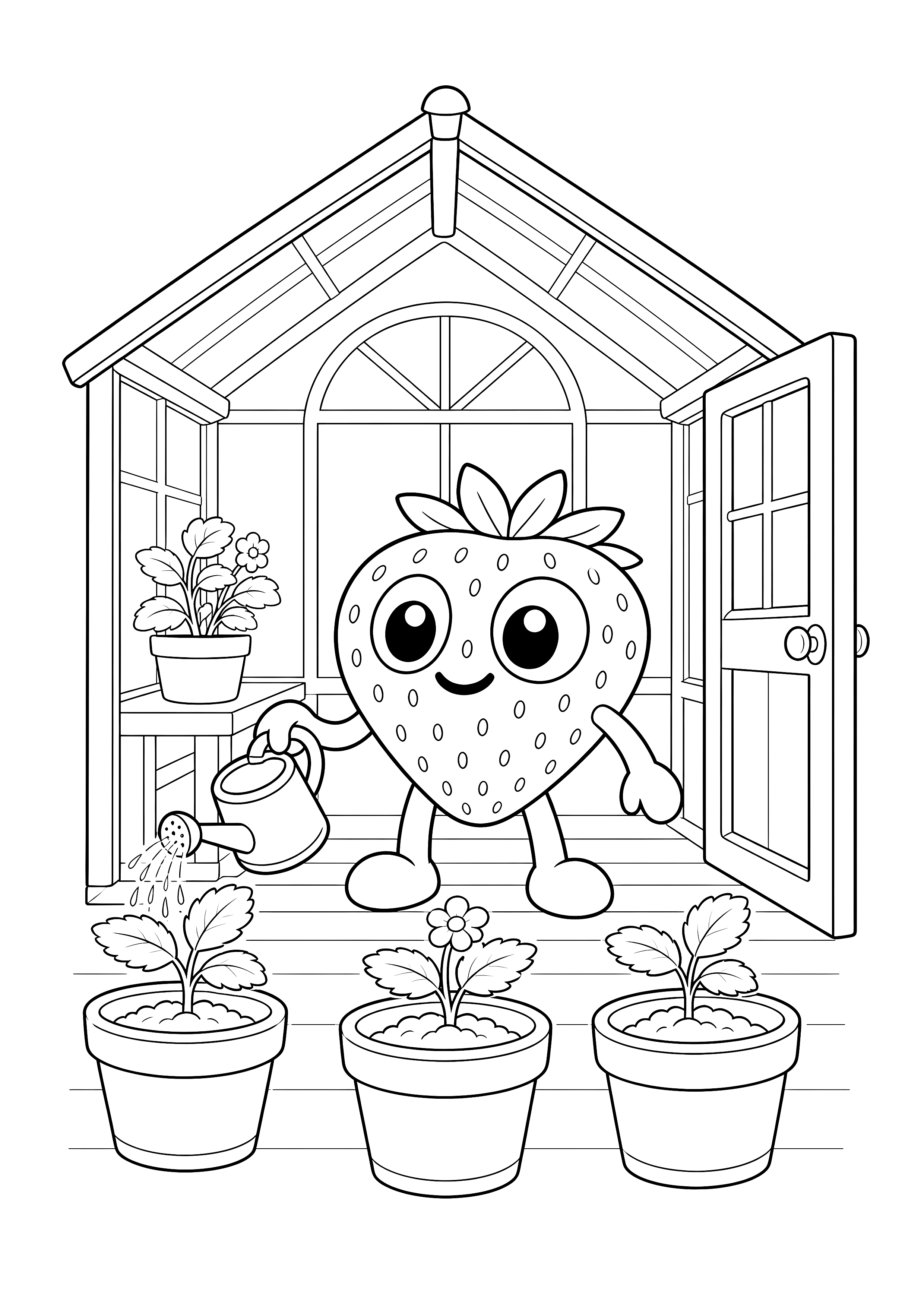Bibi giesst junge Pflanzen — Bibi versorgt drei Blumentoepfe vor einem kleinen Gewaechshaus.