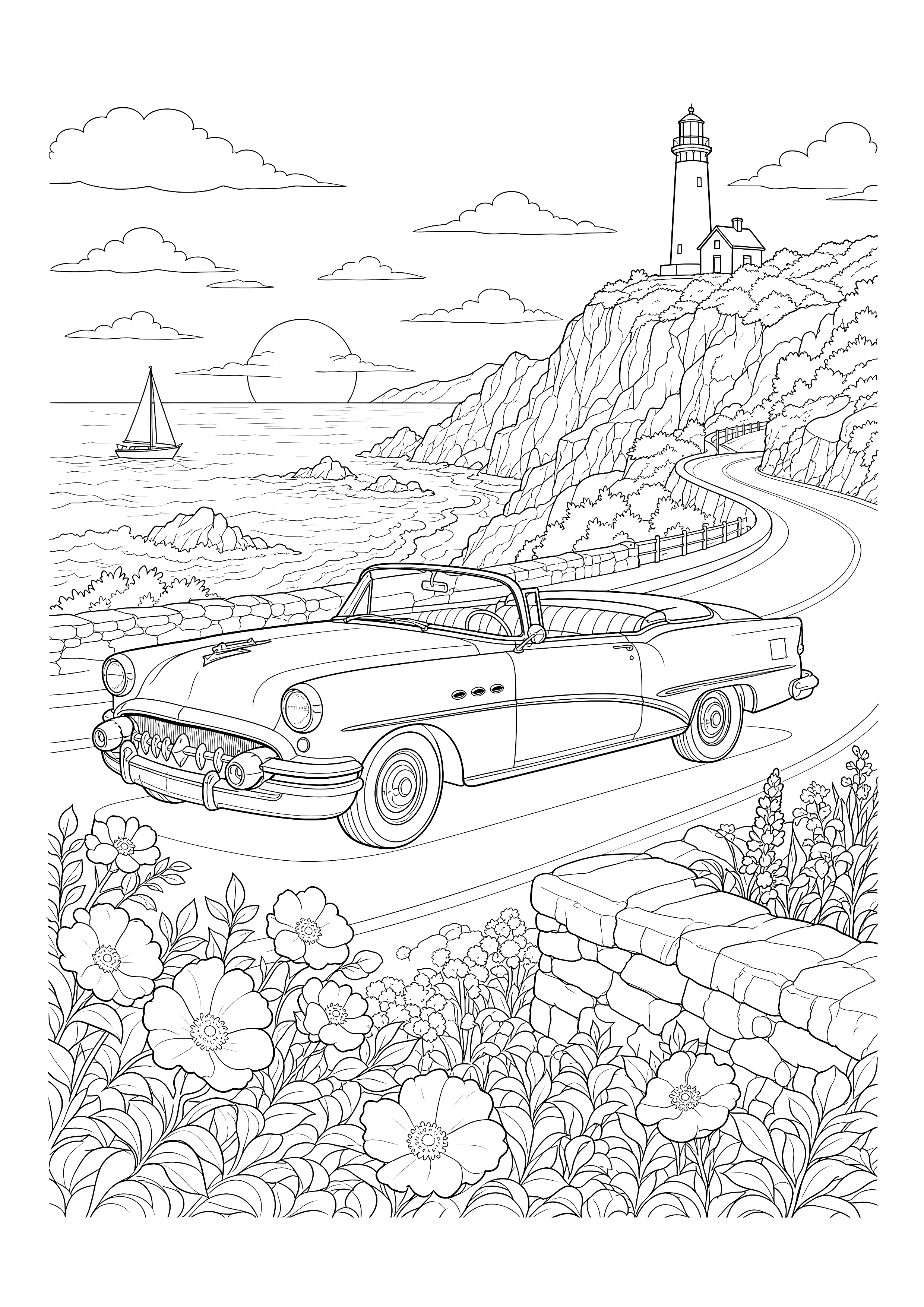Oldtimer auf der Küstenstraße — Ein klassisches Cabrio folgt bei Sonnenuntergang einer Küstenstraße mit Leuchtturm und Meer.