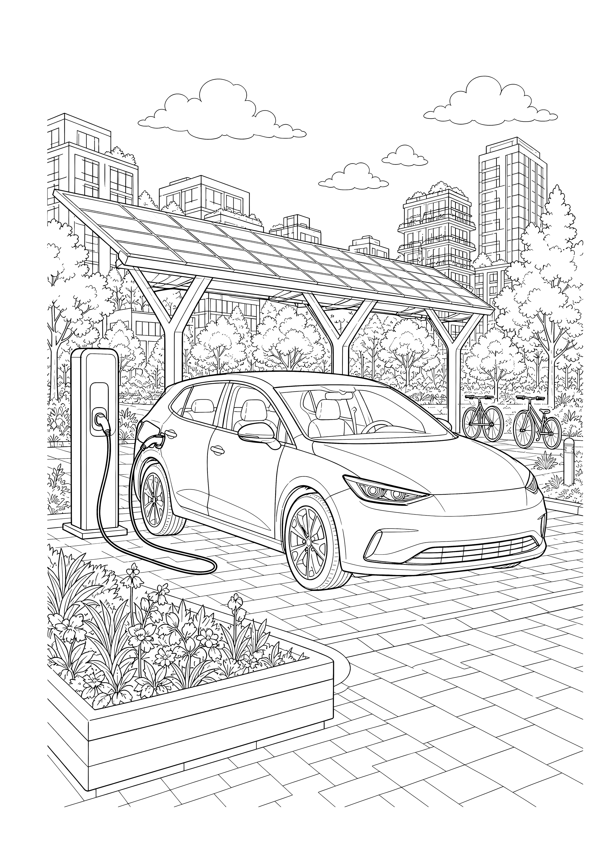 Elektroauto im Solar-Ladepark — Ein Elektroauto lädt unter einem Solardach zwischen Pflanzbeeten und moderner Stadtarchitektur.
