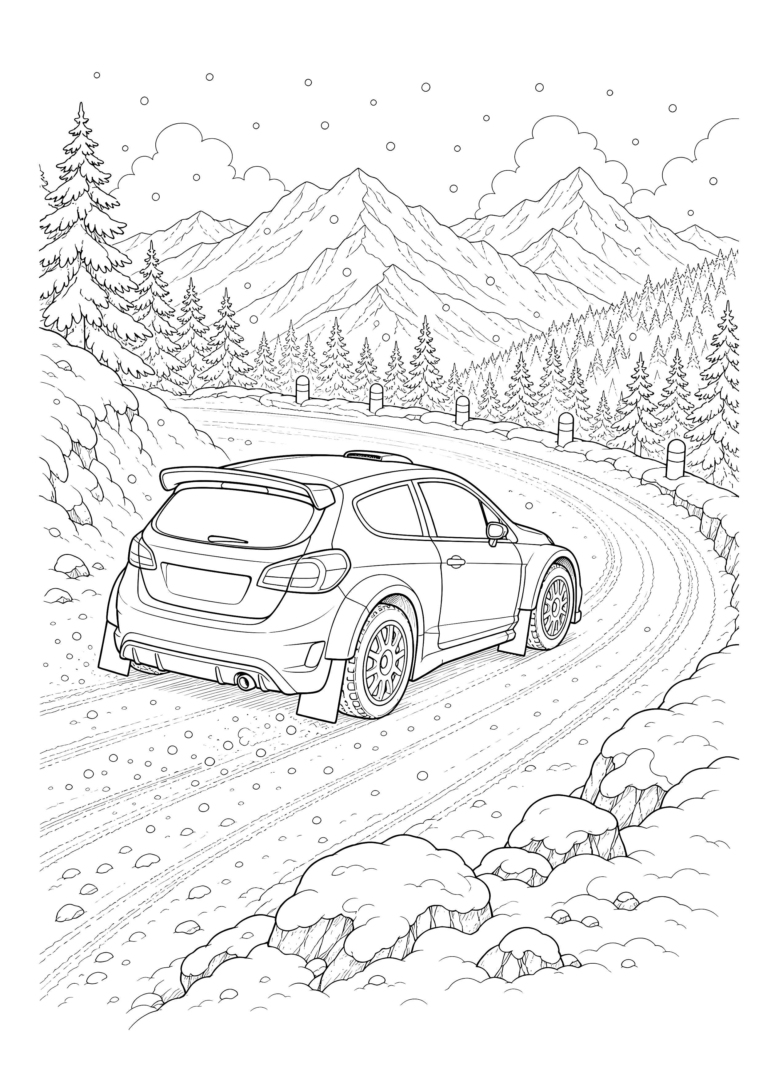 Rallyeauto auf dem Schneepass — Ein Rallyeauto erklimmt bei Schneefall eine Serpentine zwischen Tannen und Berggipfeln.