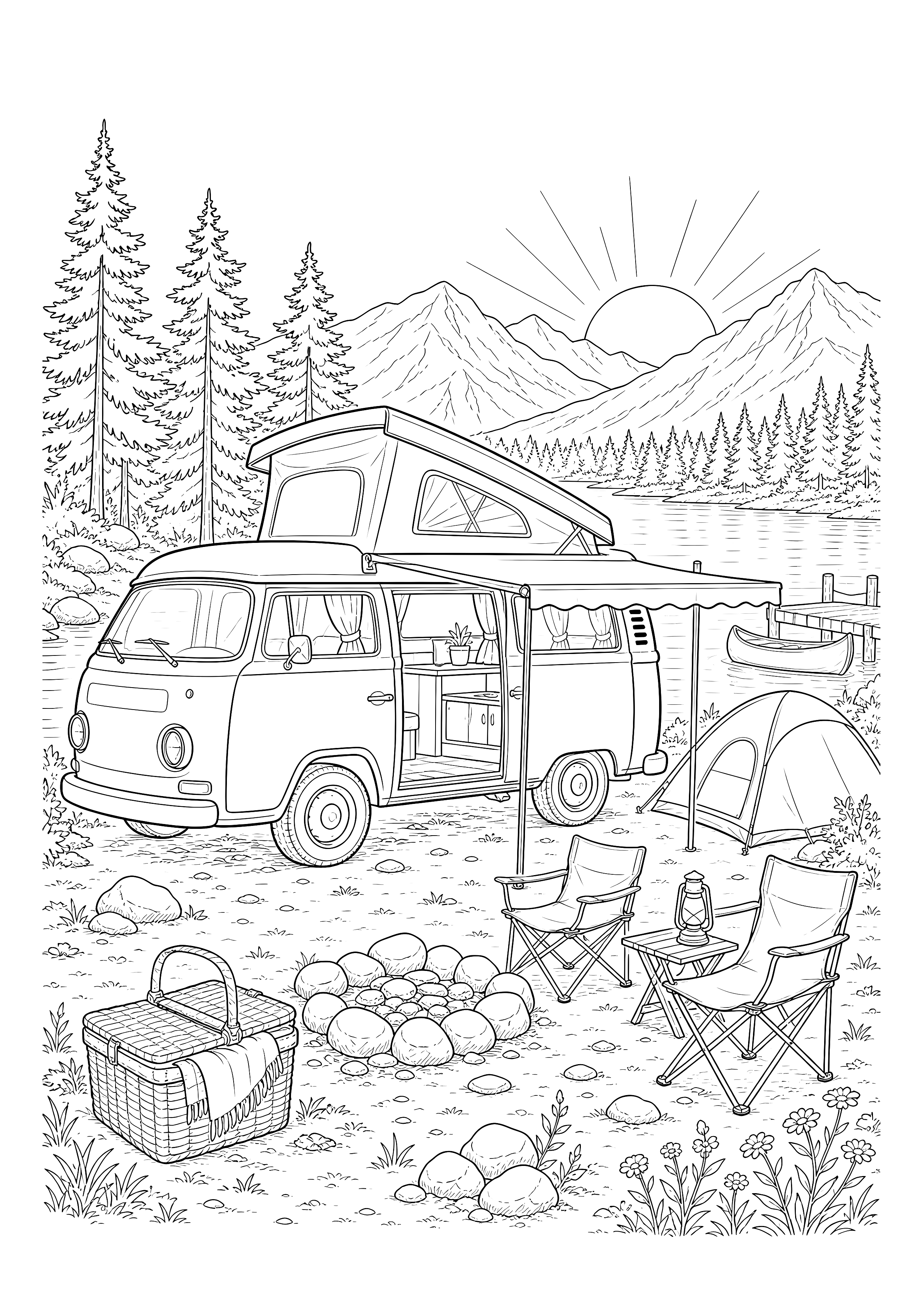 Campingbus am Bergsee — Ein Campingbus steht mit Vorzelt, Stühlen und Picknickkorb an einem Bergsee im Morgenlicht.