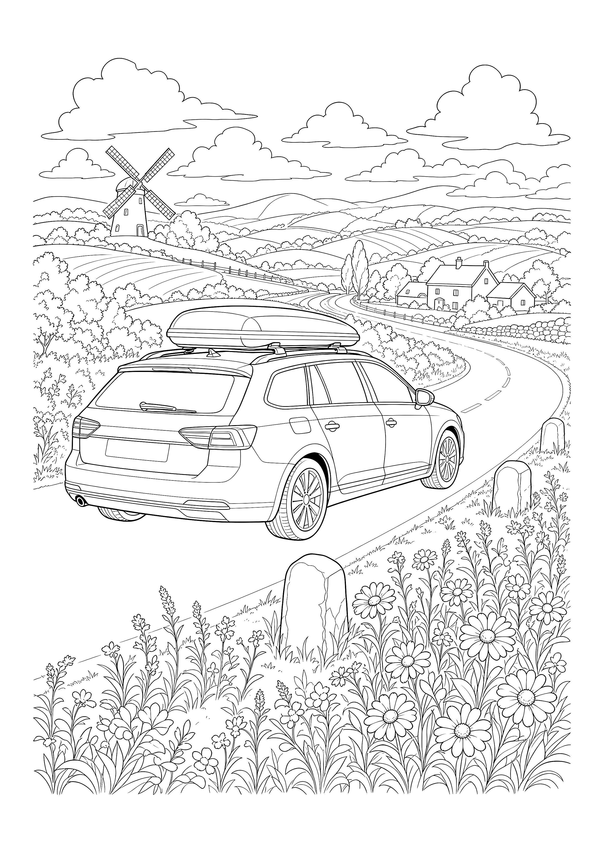 Familienauto durch Frühlingsfelder — Ein Familienkombi fährt mit Dachbox durch blühende Felder, vorbei an Windmühle und Bauernhaus.