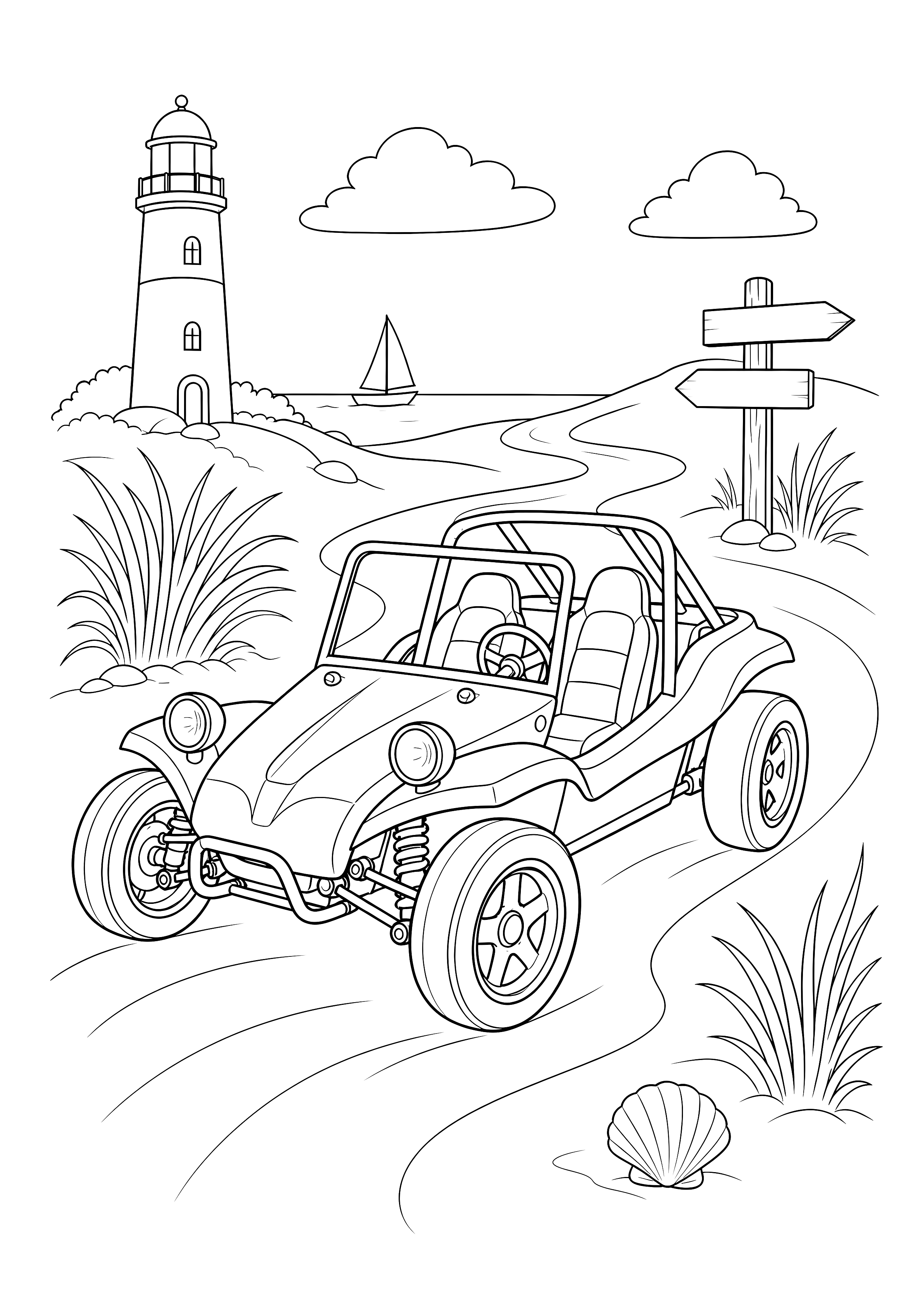 Strandbuggy am Leuchtturm — Ein offener Strandbuggy fährt über einen Dünenweg zwischen Leuchtturm, Strandgras und Wegweisern.