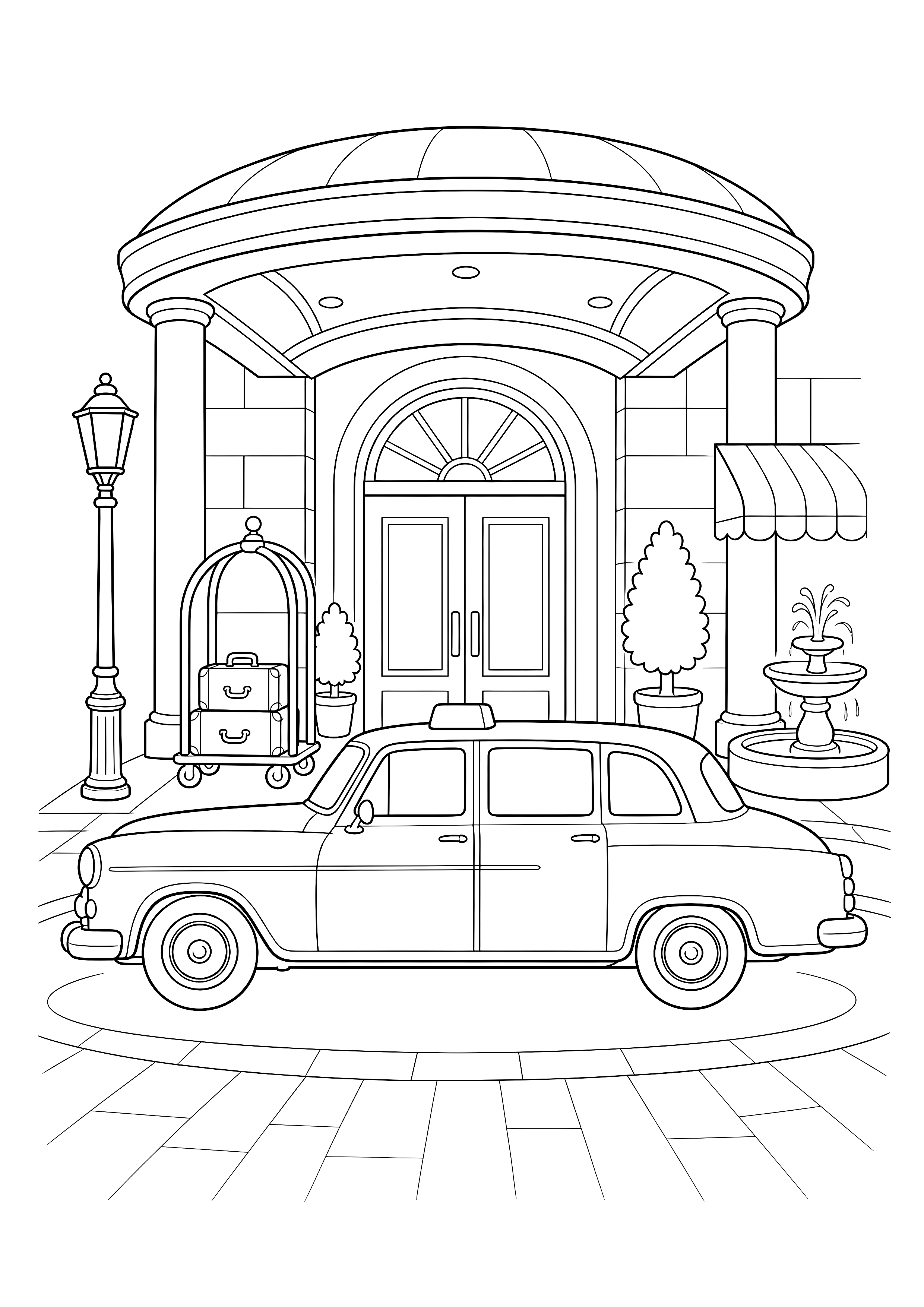 Oldtimer-Taxi vor dem Hotel — Ein klassisches Taxi hält unter dem runden Hoteldach neben Kofferkarren, Laterne und Brunnen.