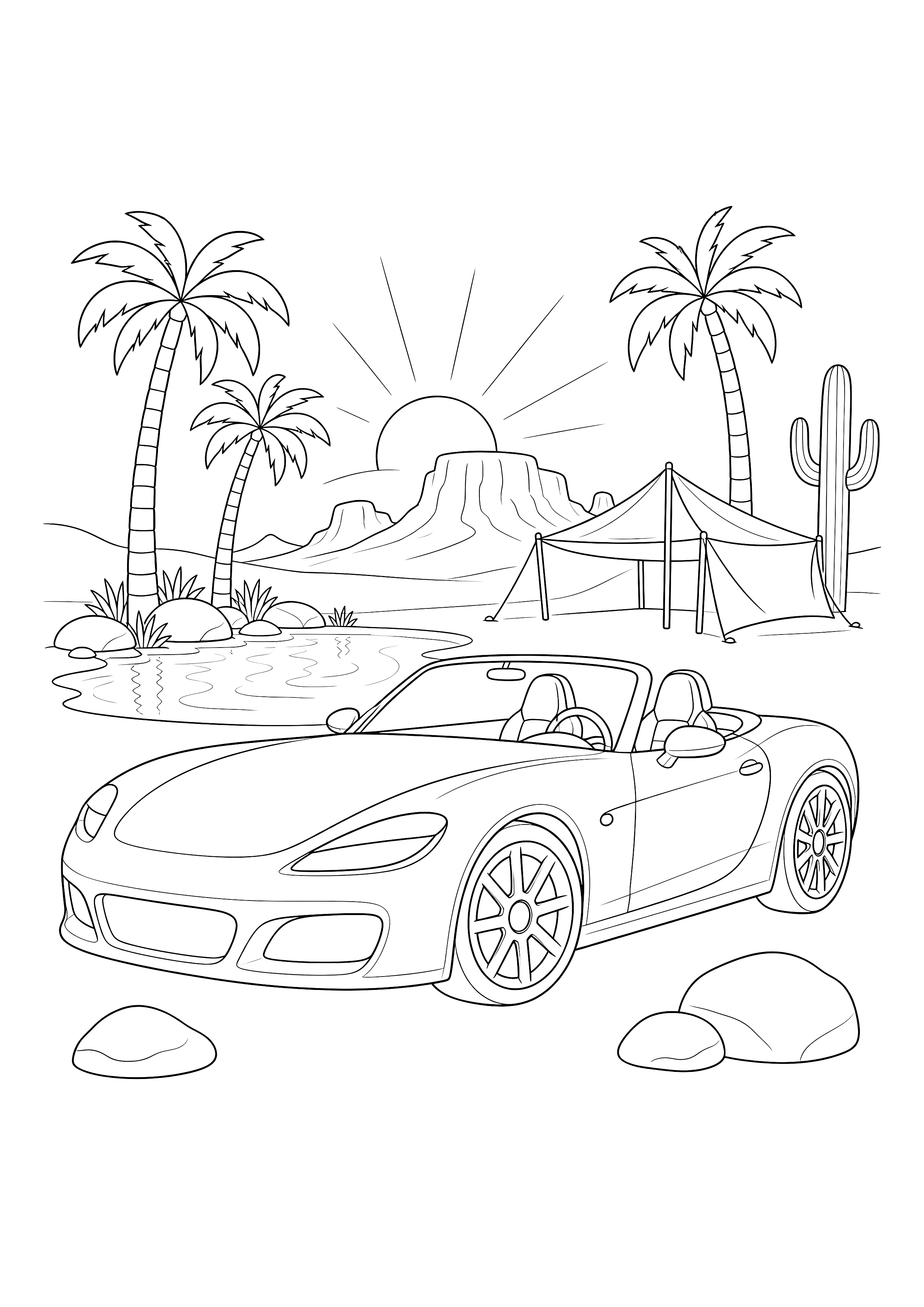 Roadster an der Wüstenoase — Ein offener Roadster steht zwischen Palmen, Oasenbecken, Sonnensegel und Wüstenfelsen.