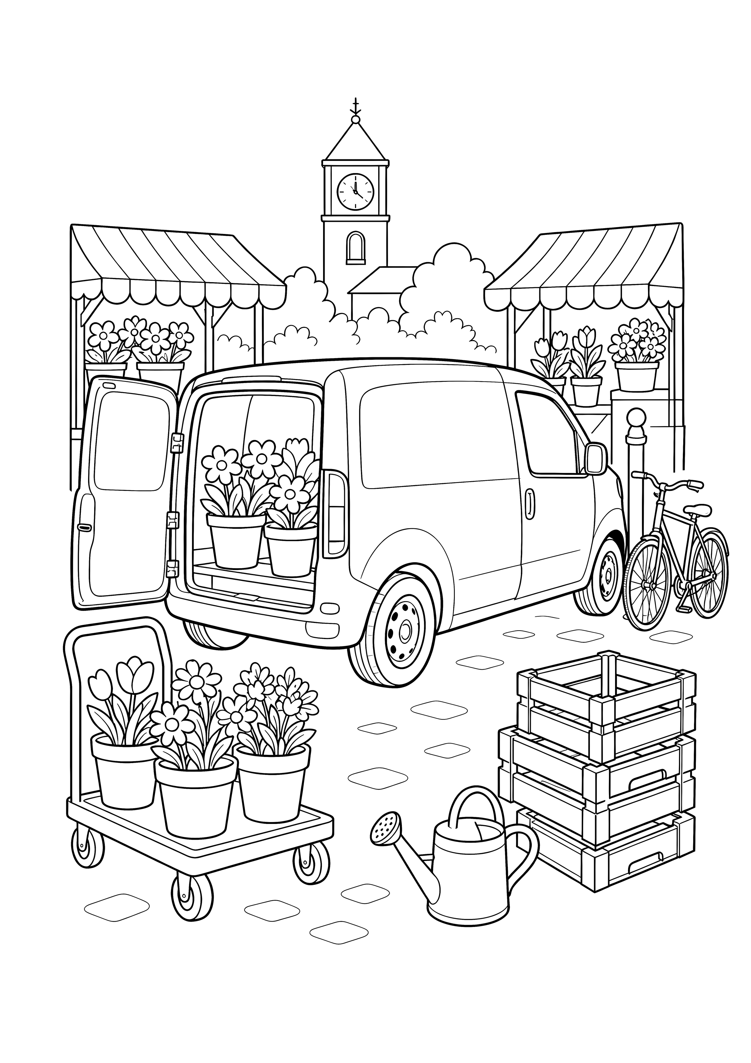 Blumenlieferung auf dem Markt — Ein Lieferwagen lädt Blumentöpfe zwischen Marktständen, Pflanzenwagen und leeren Holzkisten aus.