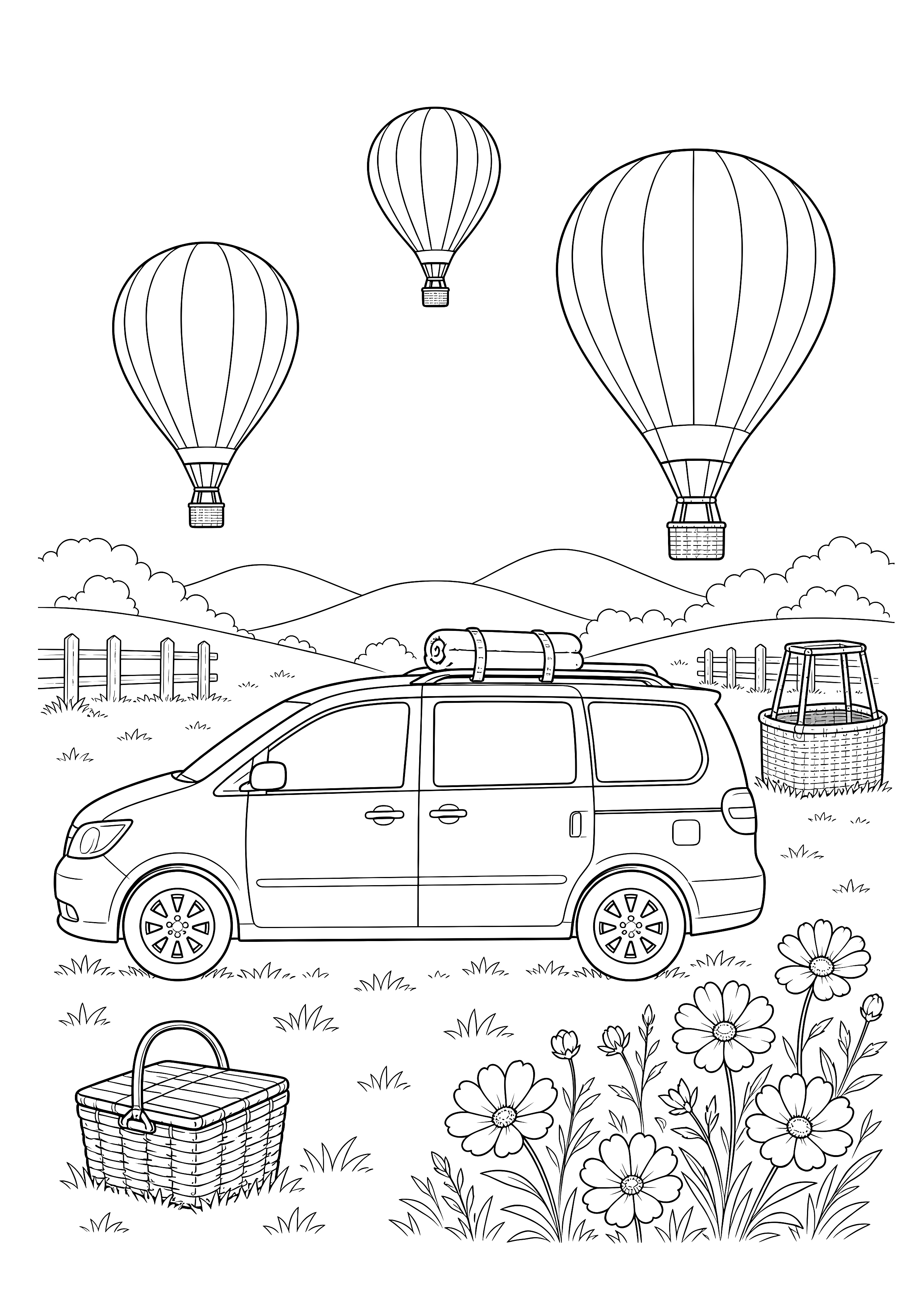 Minivan auf der Ballonwiese — Ein Familienvan parkt mit Picknickdecke zwischen drei Heißluftballons, Blumen und Weidezäunen.