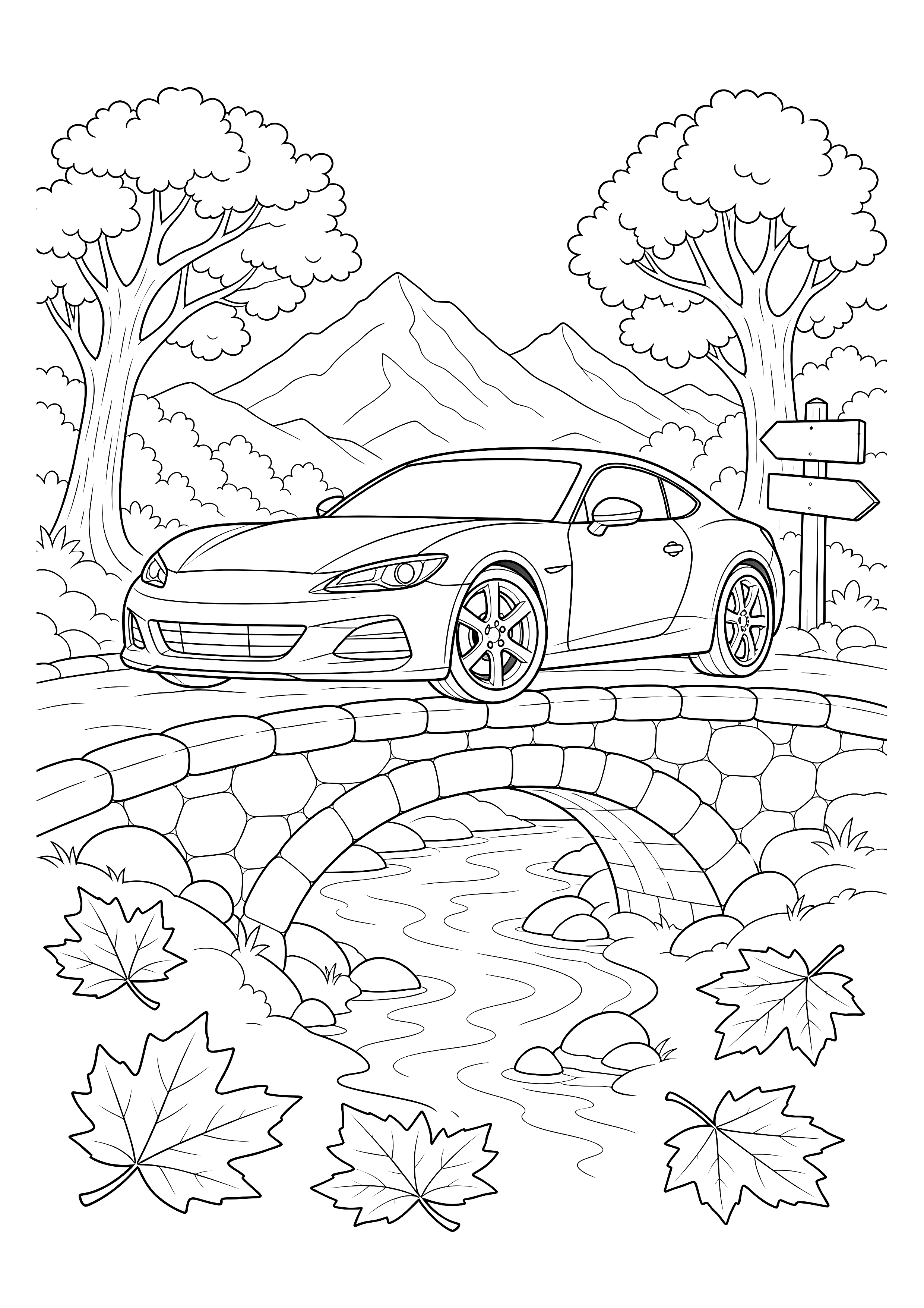 Sportcoupé auf der Herbstbrücke — Ein Sportcoupé überquert eine Steinbogenbrücke zwischen Bergwald, Bach und großen Herbstblättern.