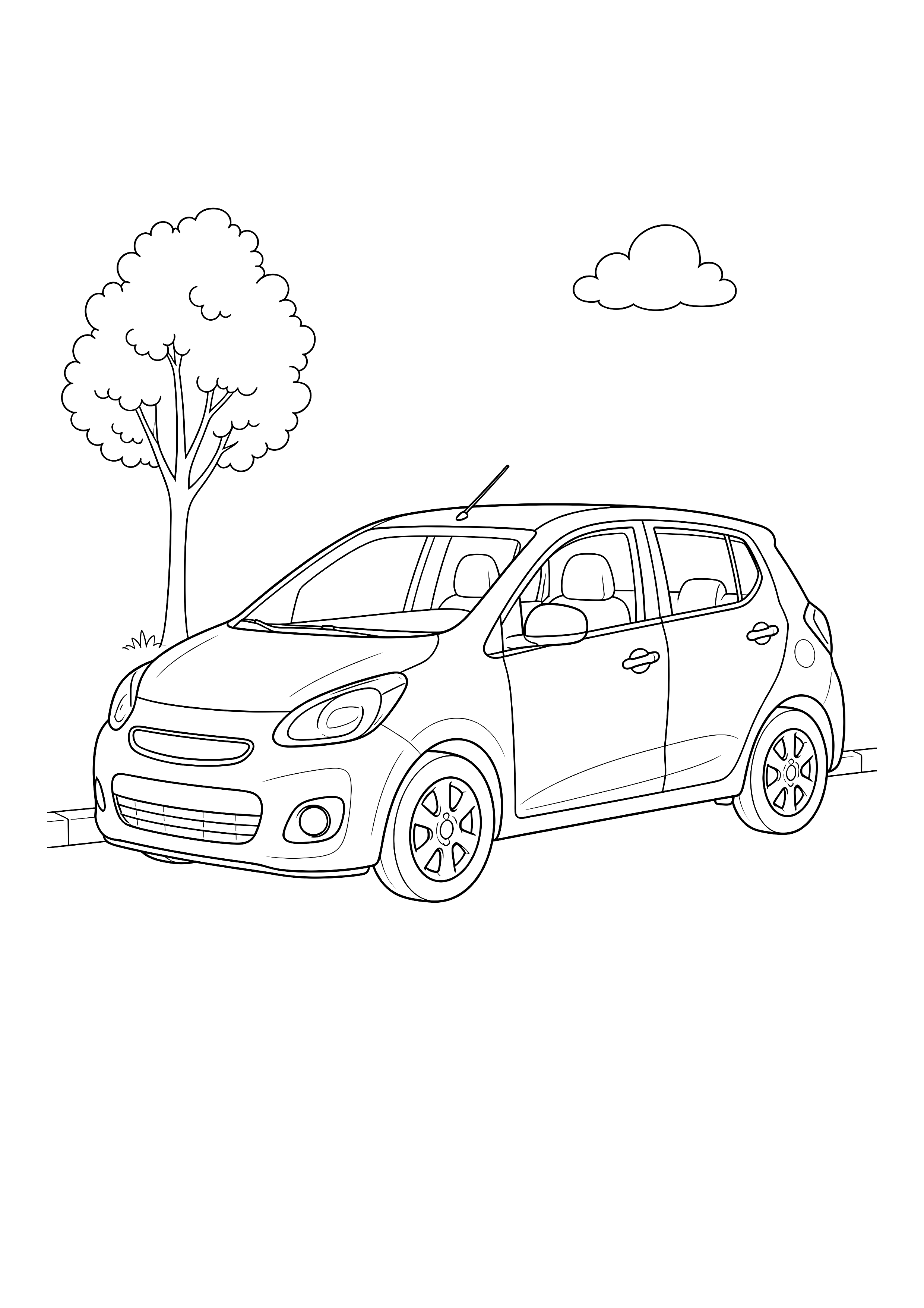 Kleinwagen in der Stadt — Ein moderner Kleinwagen steht neben einem jungen Straßenbaum und bietet große Ausmalflächen.