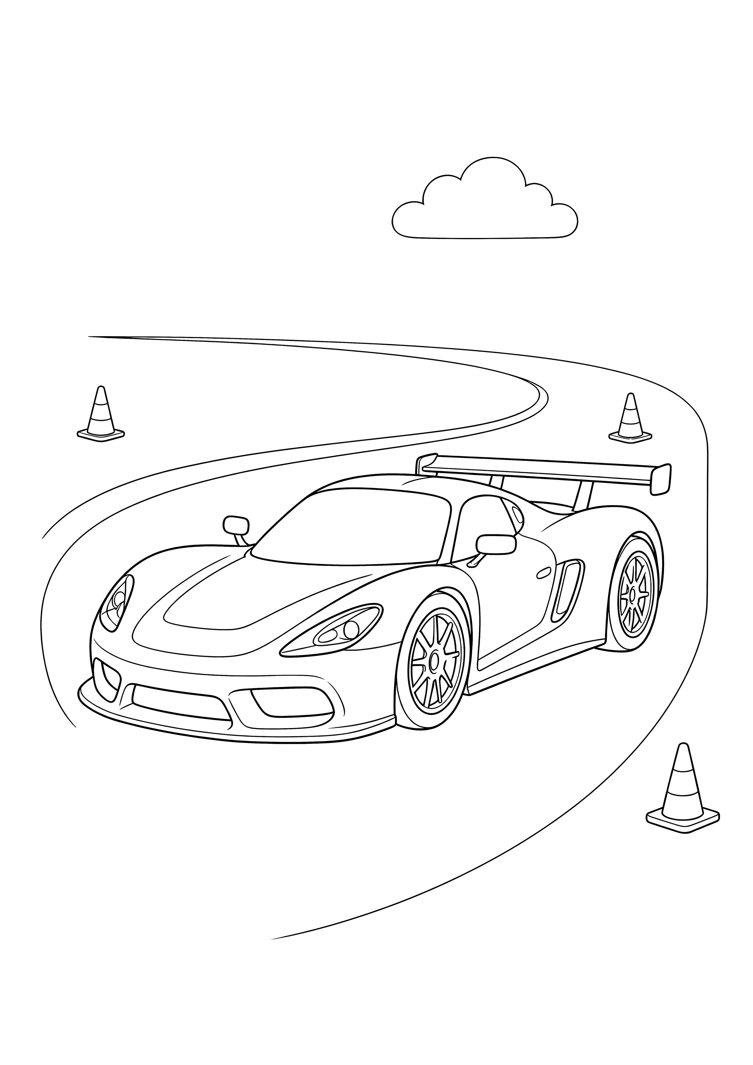 Rennwagen auf der Kurve — Ein flacher Rennwagen fährt zwischen Pylonen durch eine breite Rennstreckenkurve.