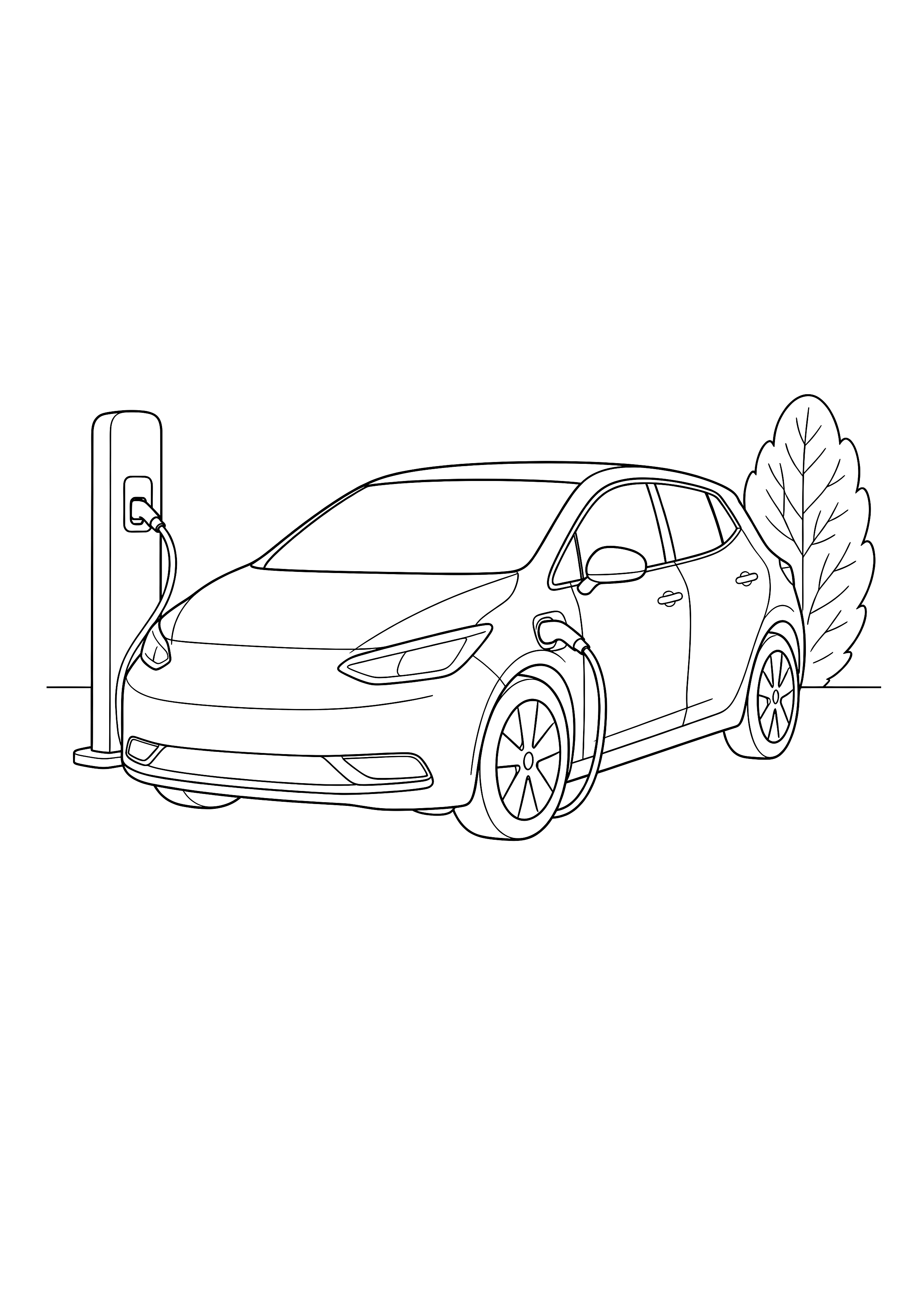 Elektroauto an der Ladesäule — Ein modernes Elektroauto lädt an einer schlichten Ladesäule neben einem Strauch.