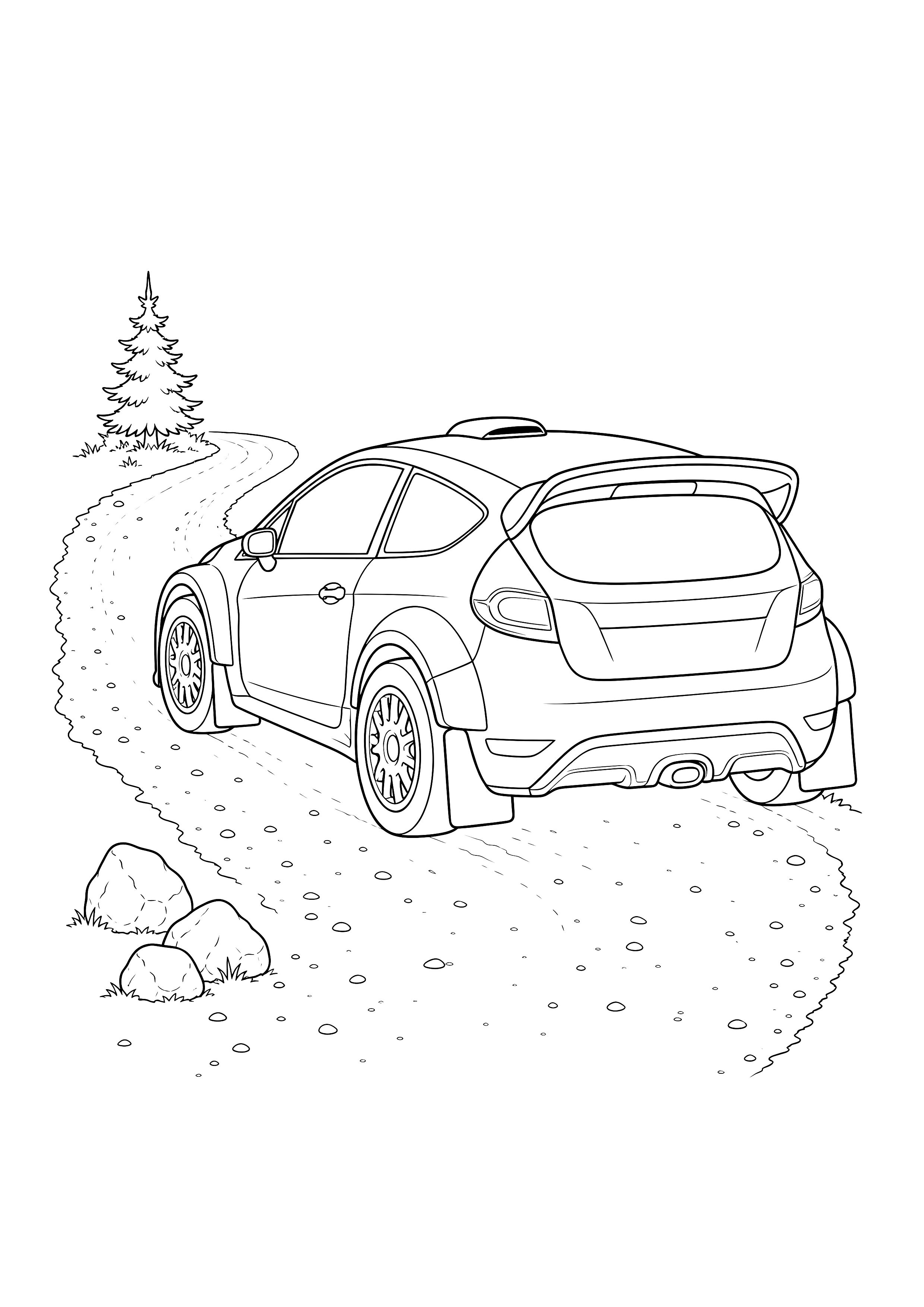 Rallyeauto auf Schotter — Ein kompaktes Rallyeauto nimmt eine sanfte Schotterkurve zwischen Steinen und Tanne.