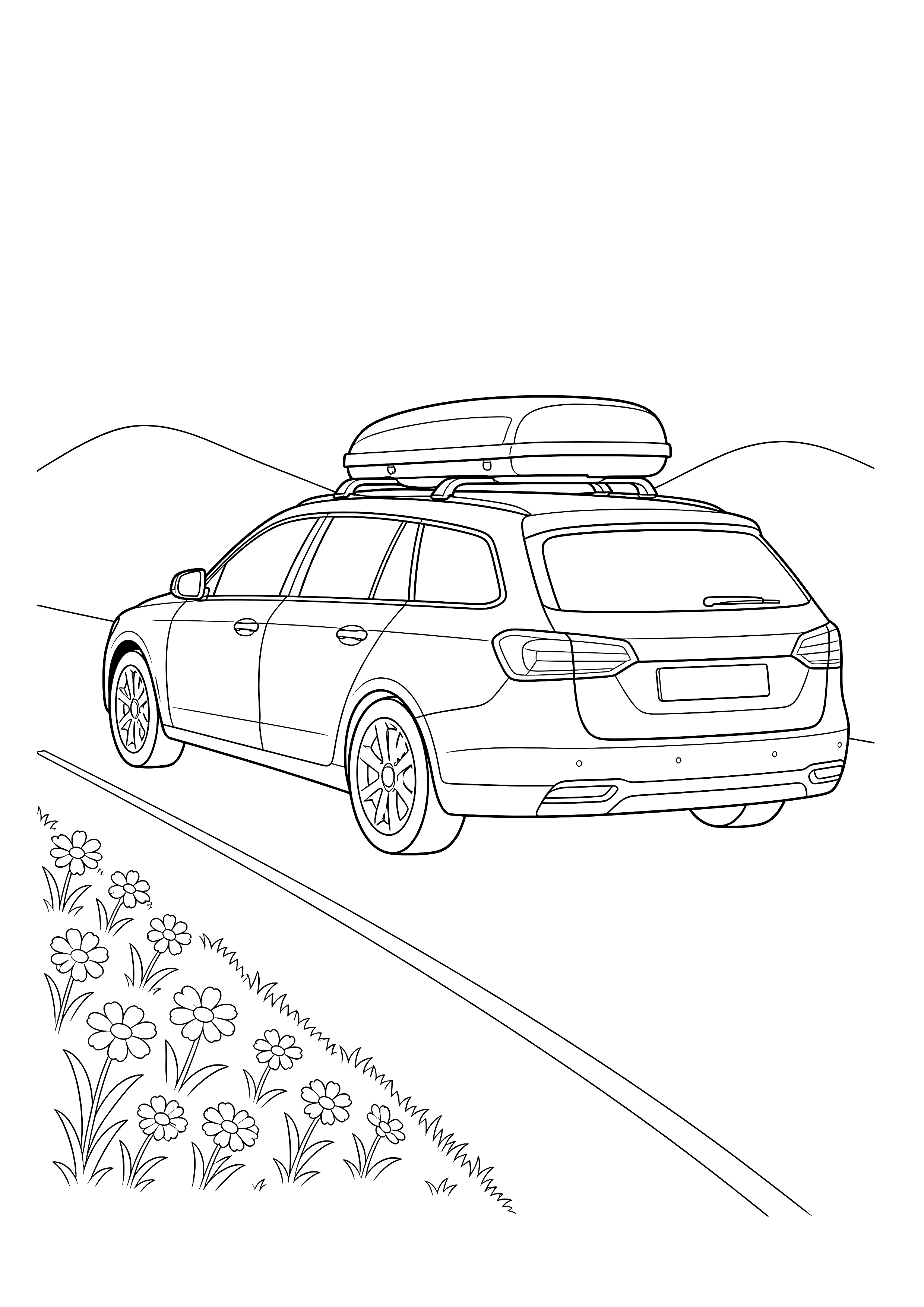 Familienauto auf Reisen — Ein Kombi mit Dachbox fährt auf einer geraden Landstraße durch blühende Hügel.