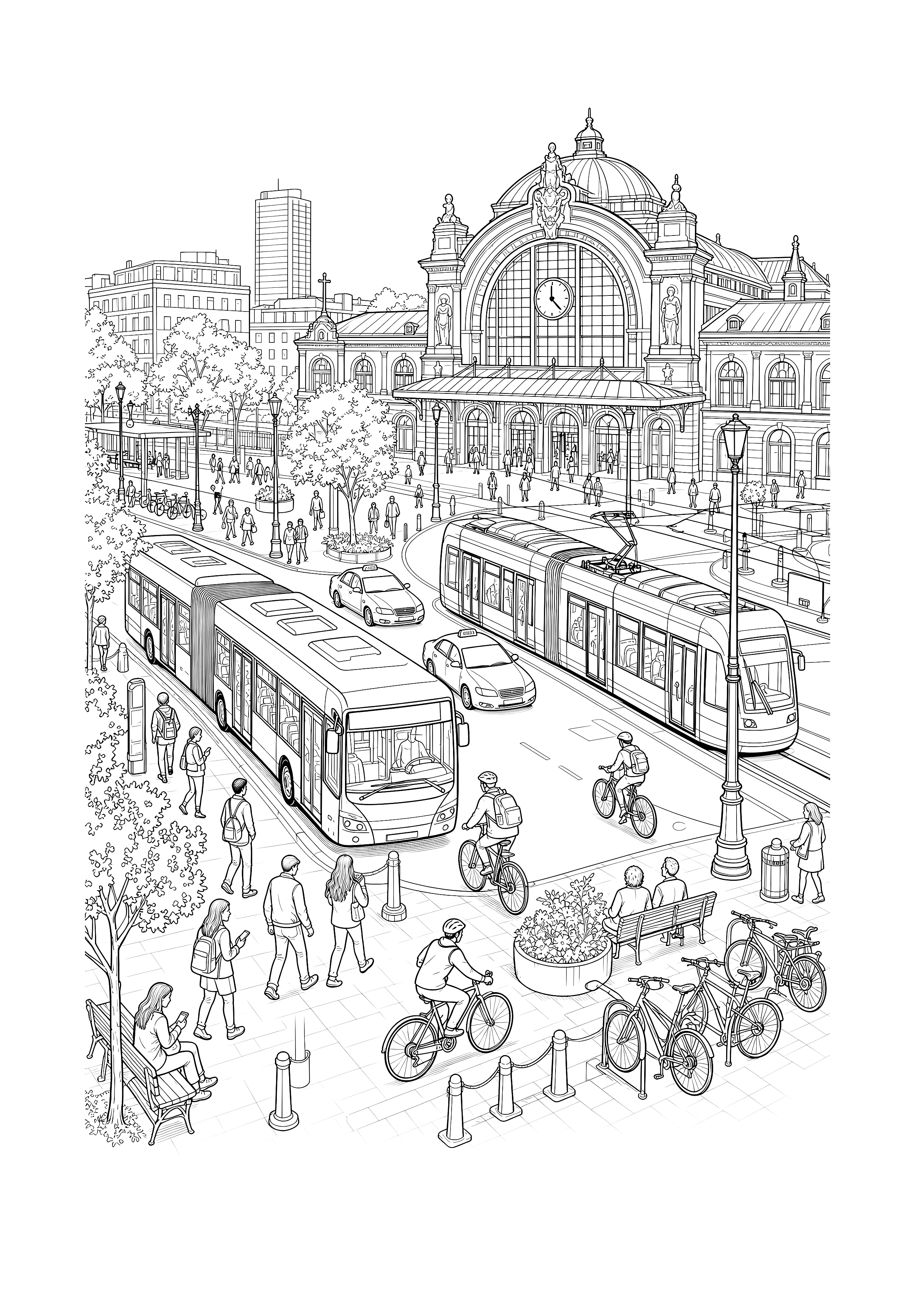 Verkehr am Hauptbahnhof — Busse, Straßenbahn, Fahrräder, Autos und viele Menschen beleben den Vorplatz eines großen Bahnhofs.