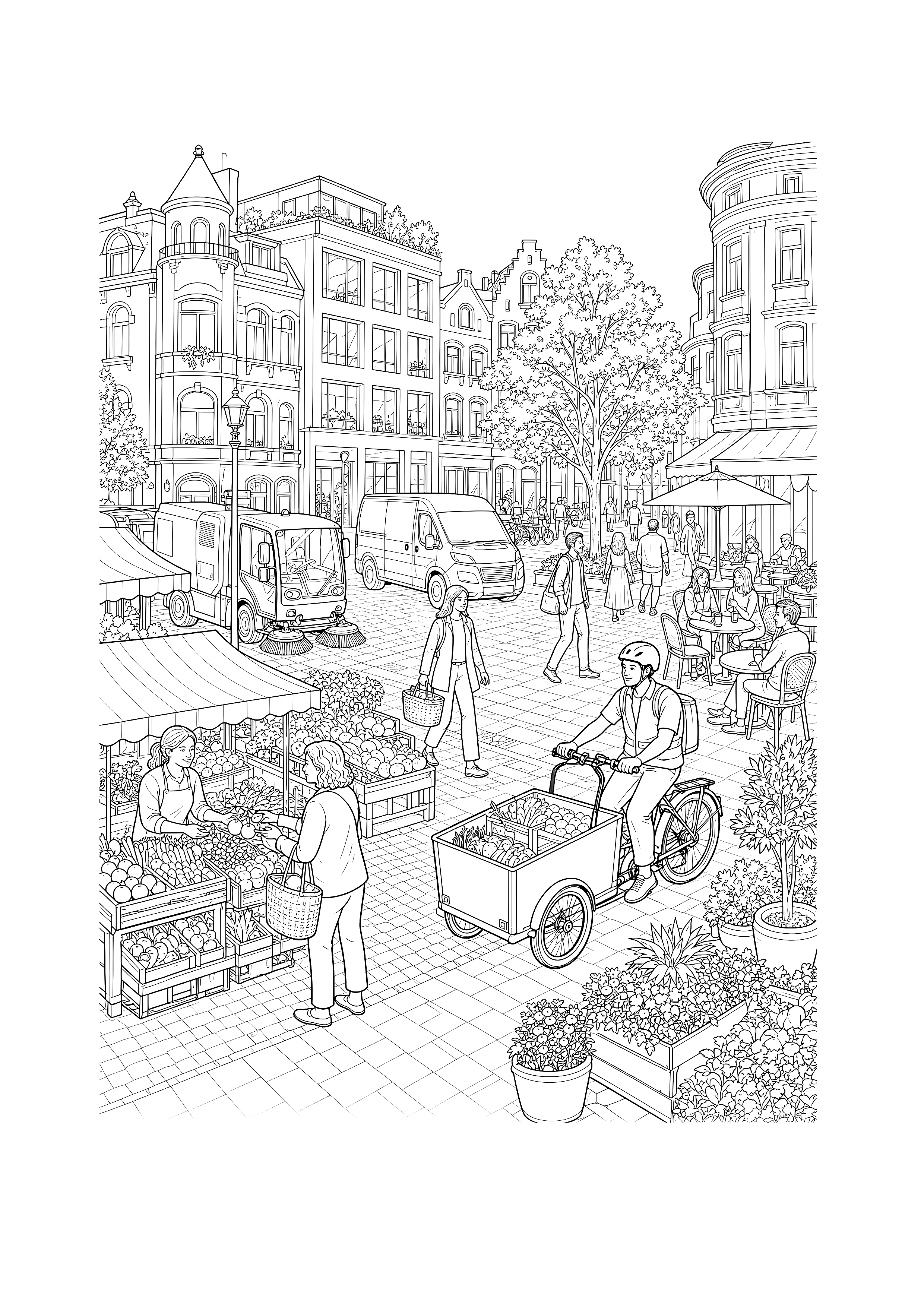 Lieferverkehr auf dem Stadtmarkt — Marktstände, Lastenrad, Lieferwagen und Kehrmaschine füllen einen lebendigen Stadtplatz.