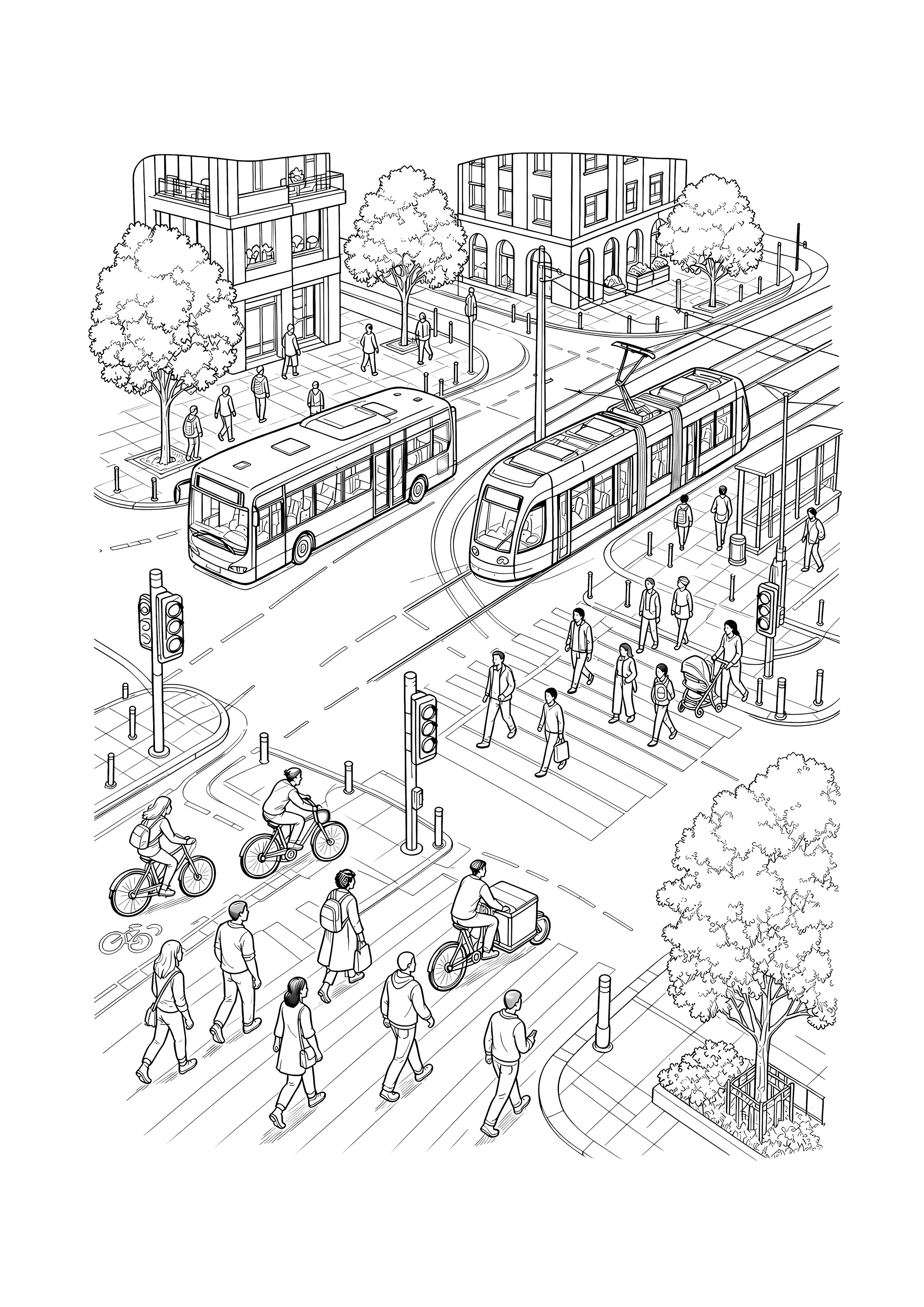 Große Kreuzung mit Bus und Straßenbahn — Bus, Straßenbahn, Auto, Fahrräder und Fußgänger teilen sich eine große moderne Kreuzung.