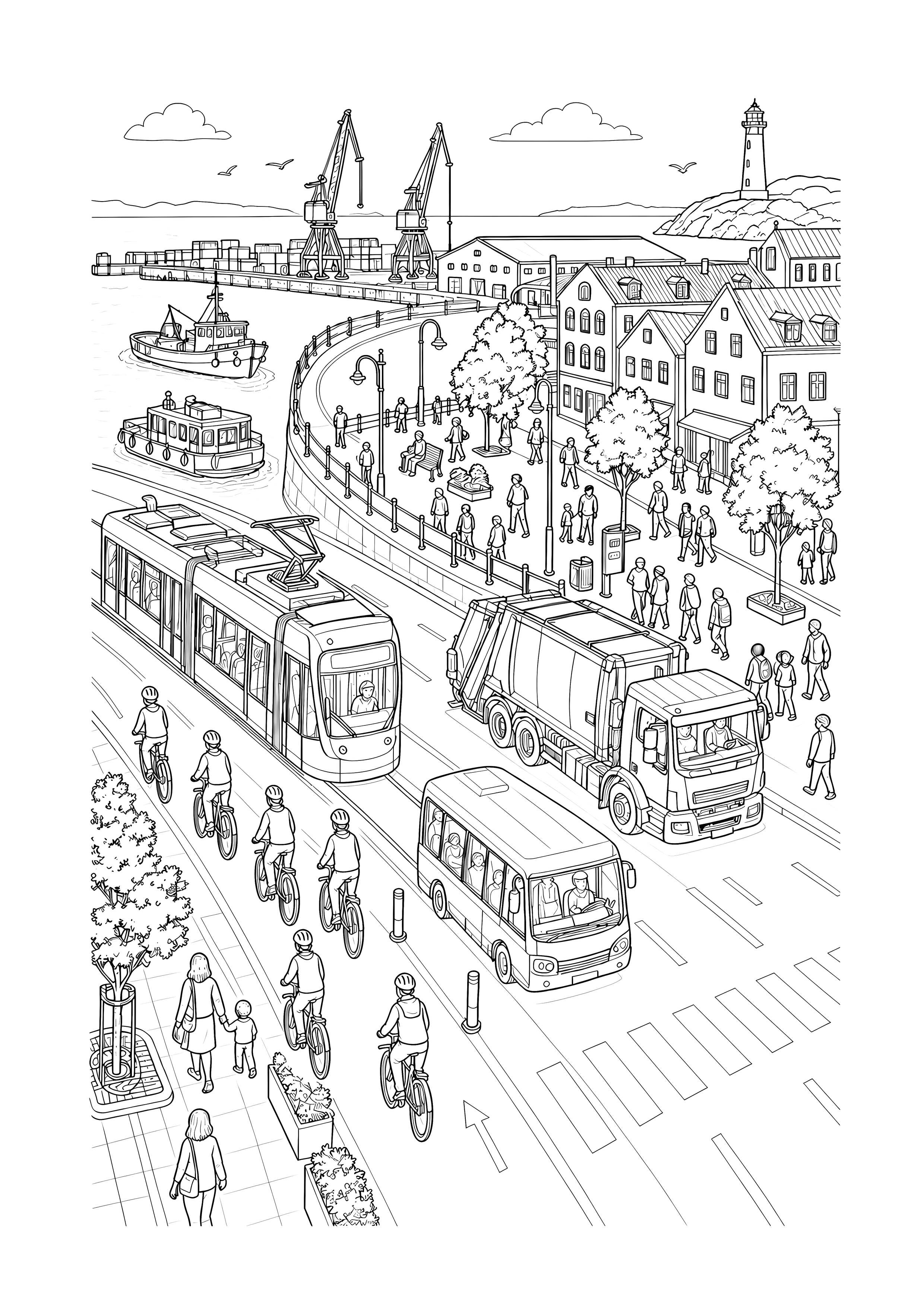 Stadtverkehr am Hafen — Straßenbahn, Bus, Müllwagen und Fahrräder fahren entlang einer belebten Hafenpromenade.