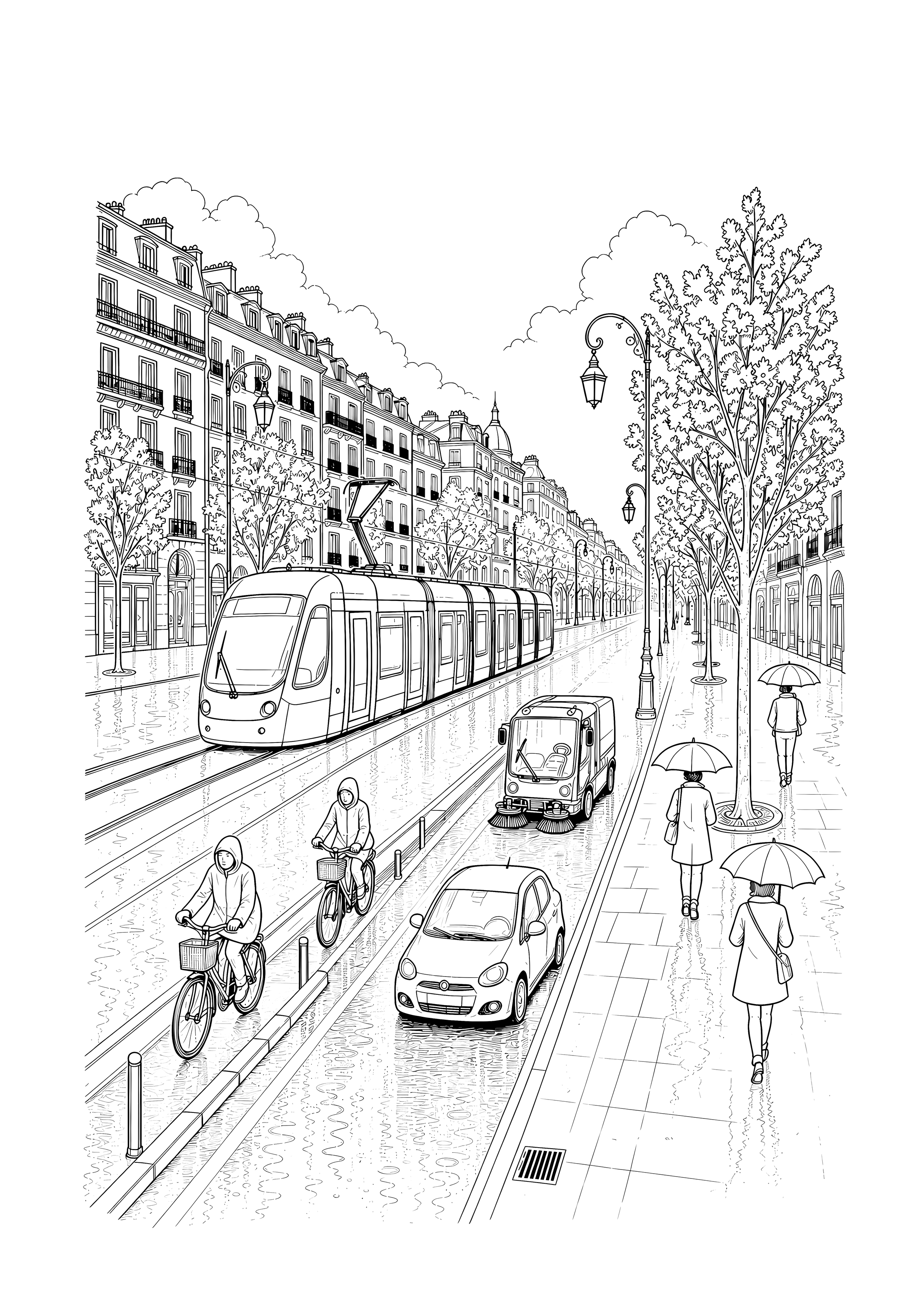 Regentag auf dem Stadtboulevard — Straßenbahn, Kehrmaschine, Auto, Radfahrer und Schirme bewegen sich durch einen regnerischen Boulevard.
