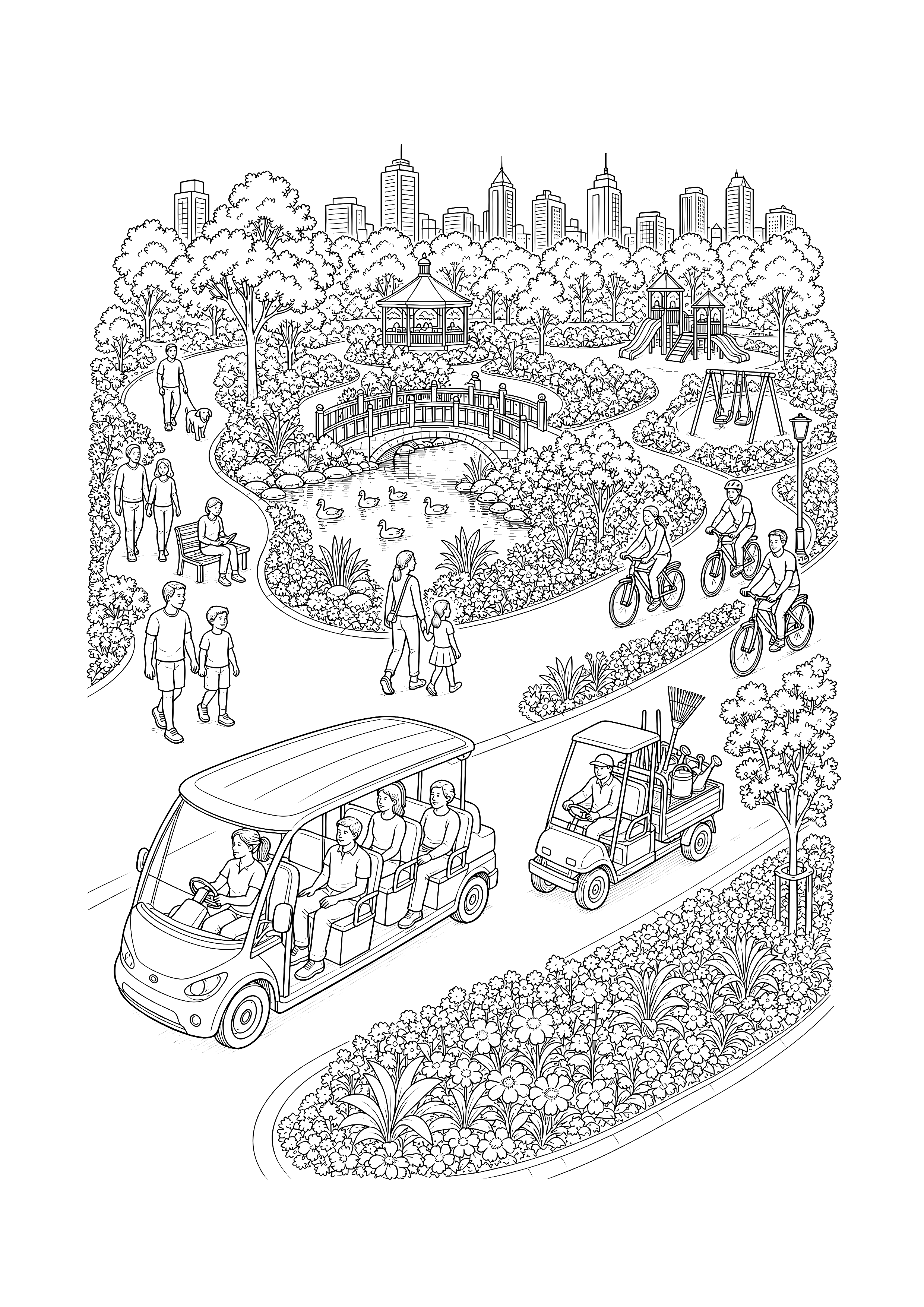 Mobilität im großen Stadtpark — Parkshuttle, Pflegefahrzeug, Fahrräder und Spaziergänger bewegen sich rund um Teich und Blumenbeete.