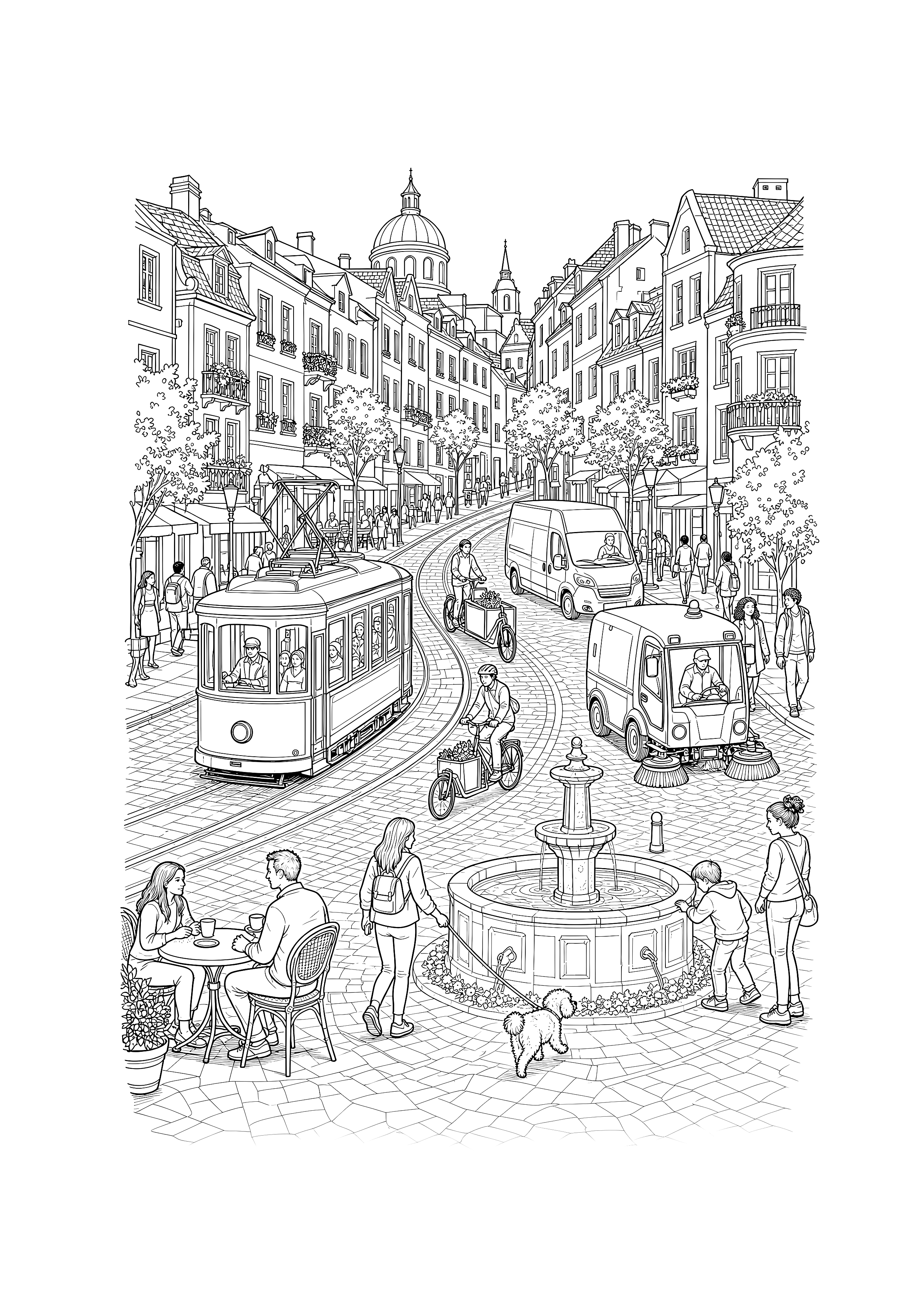 Straßenbahn in der Altstadt — Eine Straßenbahn fährt zwischen Lieferwagen, Kehrmaschine, Fahrrädern und einem Altstadtbrunnen.